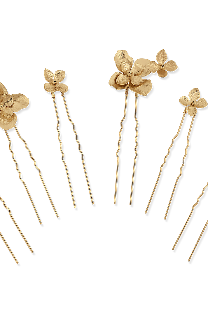 Set of six gold or silver floral bridal hair pins by PM Atelier, elegant modern accessories for wedding hairstyles.
