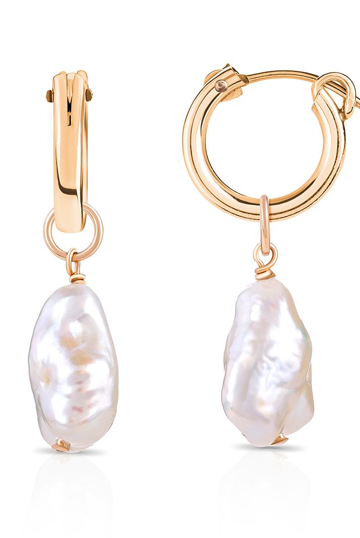 Gold Alyssa Baroque Pearl organic drop mini huggies earrings by PM Atelier featuring elegant pearl drops and delicate hoop design.