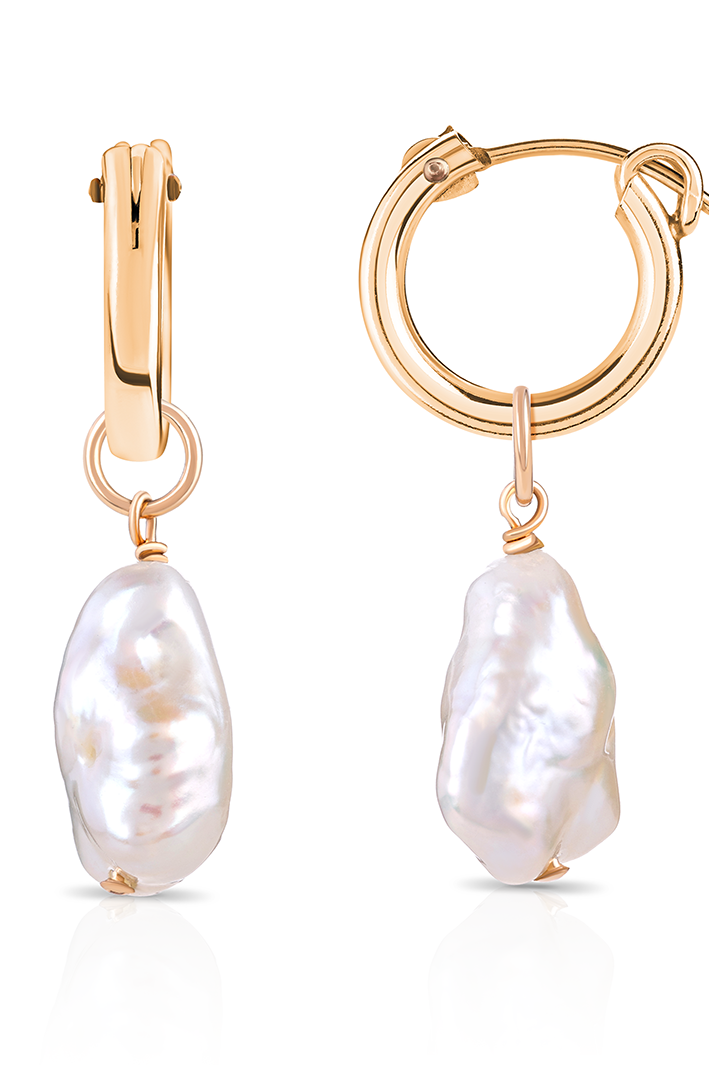 Gold Alyssa Baroque Pearl organic drop mini huggies earrings by PM Atelier featuring elegant pearl drops and delicate hoop design.
