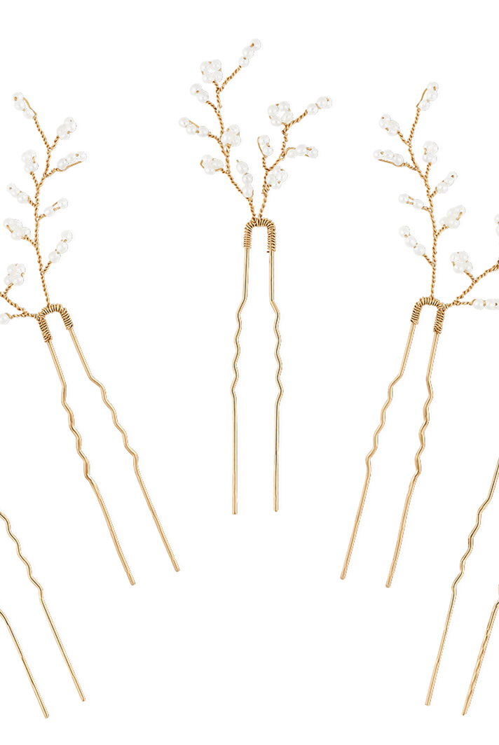 Set of five pearl leaf bridal hair pins by PM Atelier in gold or silver, featuring delicate floral design for elegant wedding hairstyles.