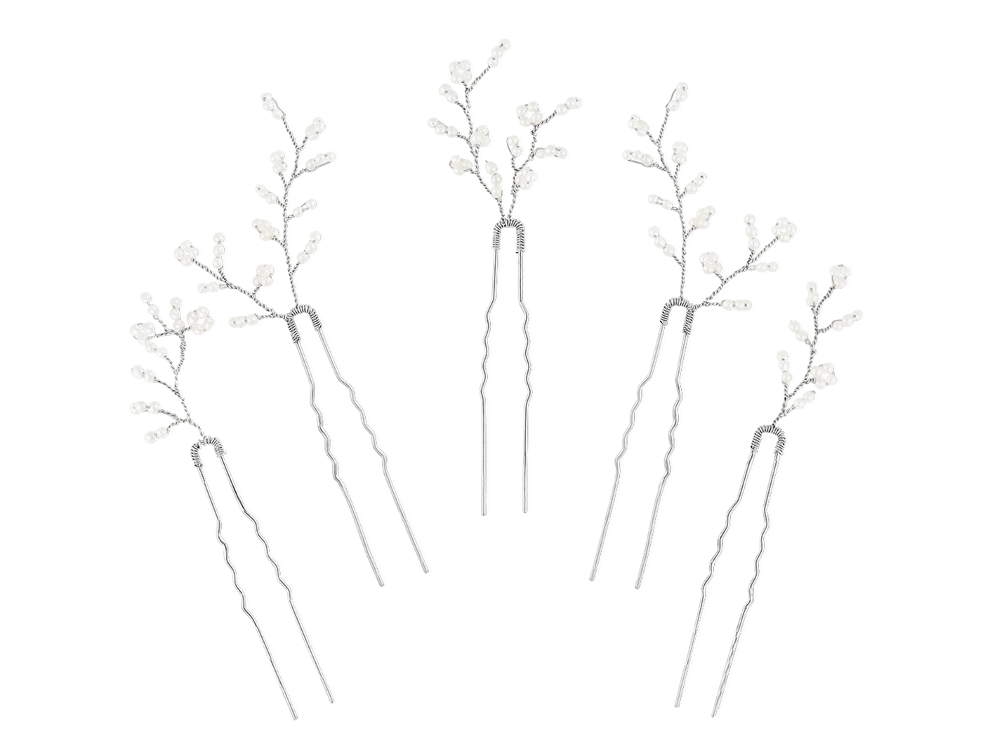 Silver pearl leaves bridal hair pin set by PM Atelier, featuring five delicate hair pins for elegant wedding hairstyles.