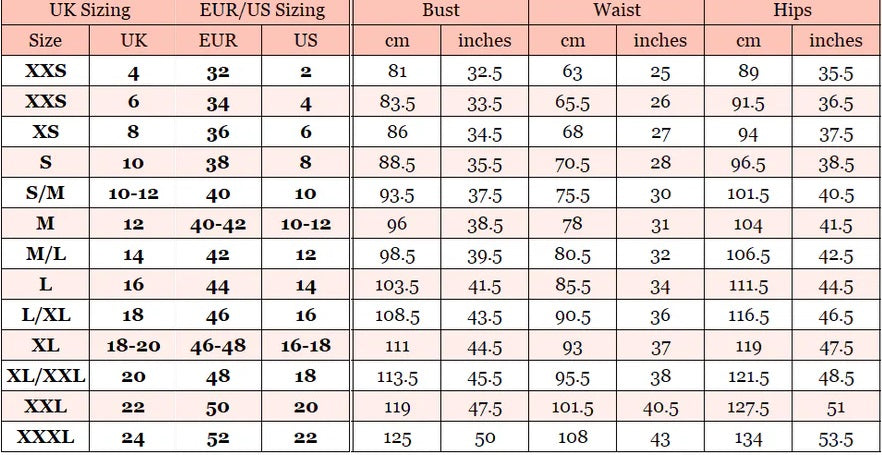 Size chart for Petra Kara's Celeste Size 6 Luxe Beaded Gown with Detachable Overskirt, showing measurements and sizing details.