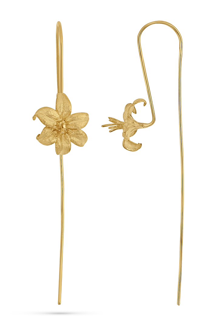 Gold Lili Bloom earrings by PM Atelier featuring small flower designs, perfect for a modern and elegant accessory.