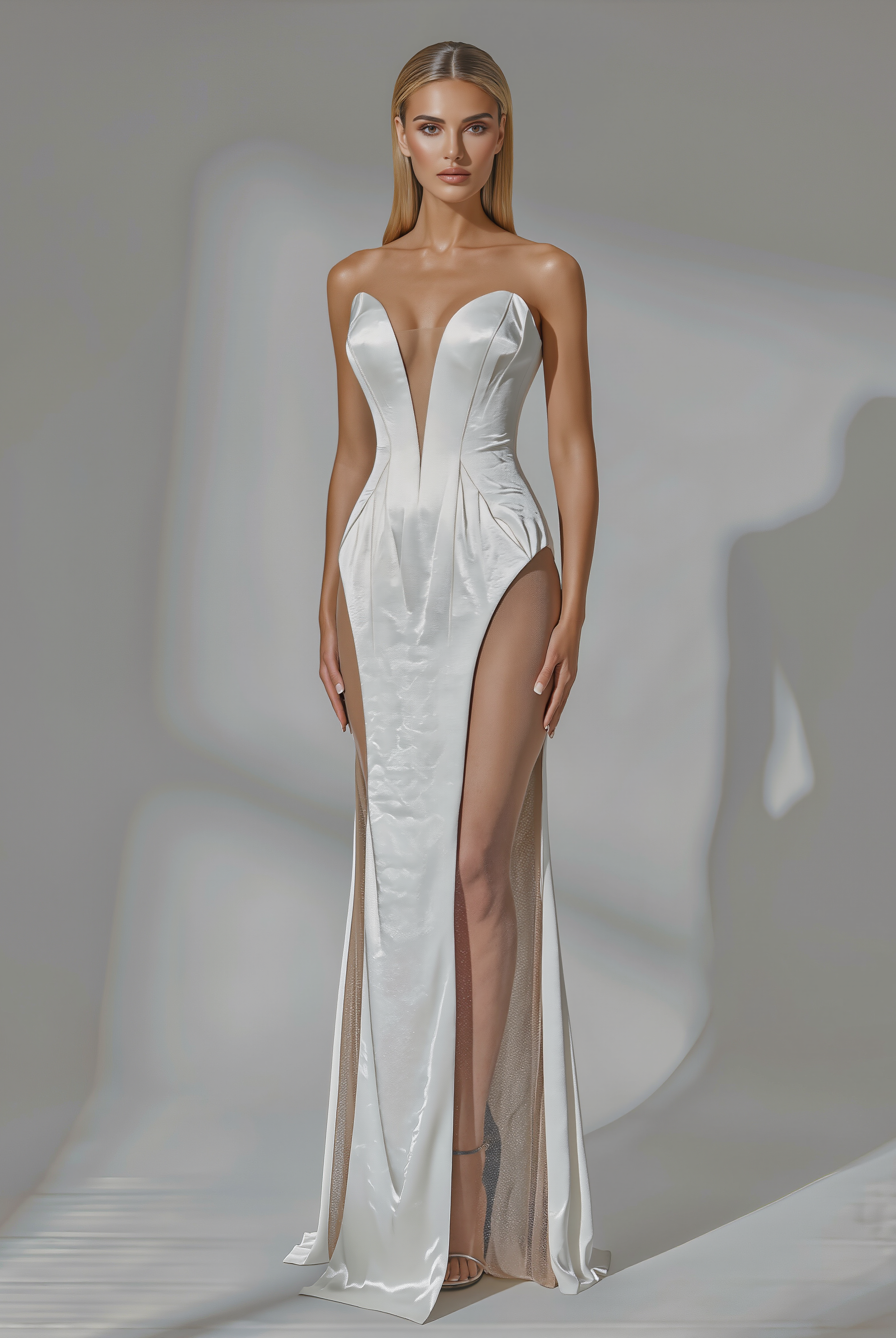 Petra Kara Aelia lace gown displayed on a model, showcasing intricate lace details and elegant silhouette.
