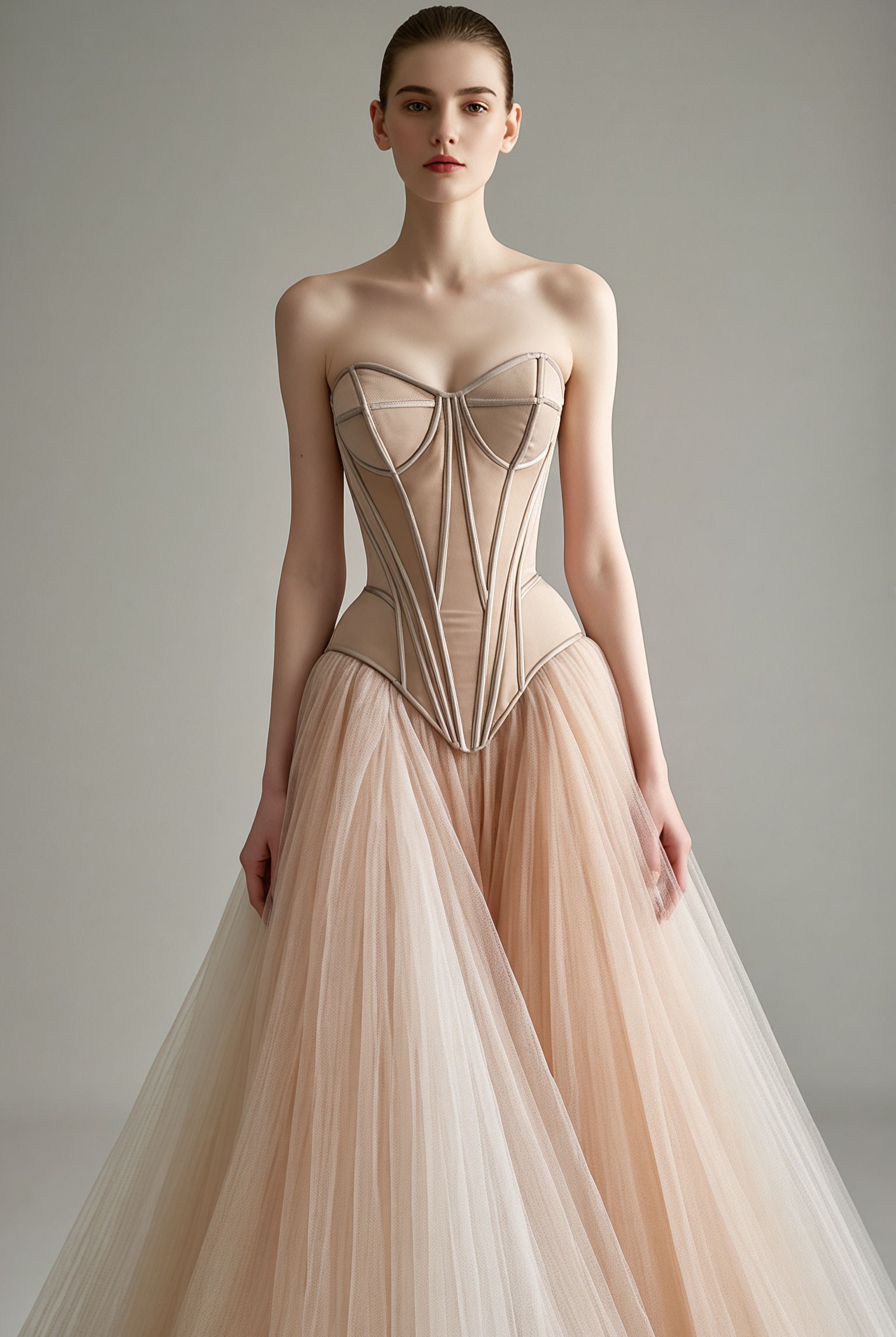 Petra Kara Bridal architectural corset wedding dress with structured design and elegant fit, suitable for bridal fashion.