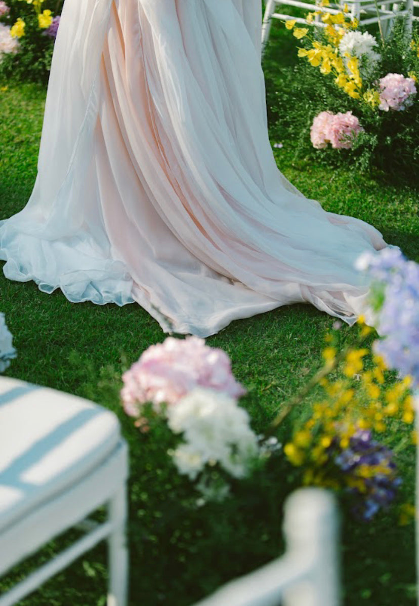 Petra Kara Bridal boho romantic wedding skirt in white, flowing fabric with delicate lace and whimsical design, available from S to XXXXL.
