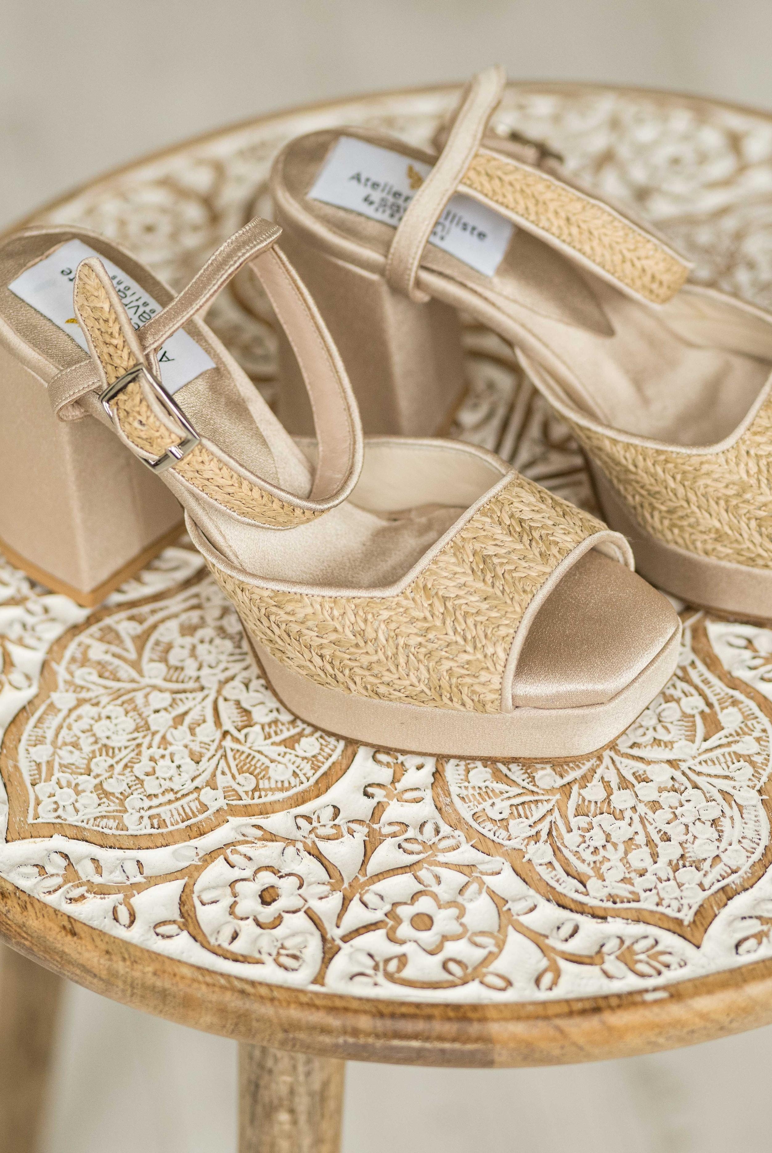 Custom Bohemian Wild Shoes by Atelier Calliste featuring colorful, patterned fabric and unique handcrafted design.