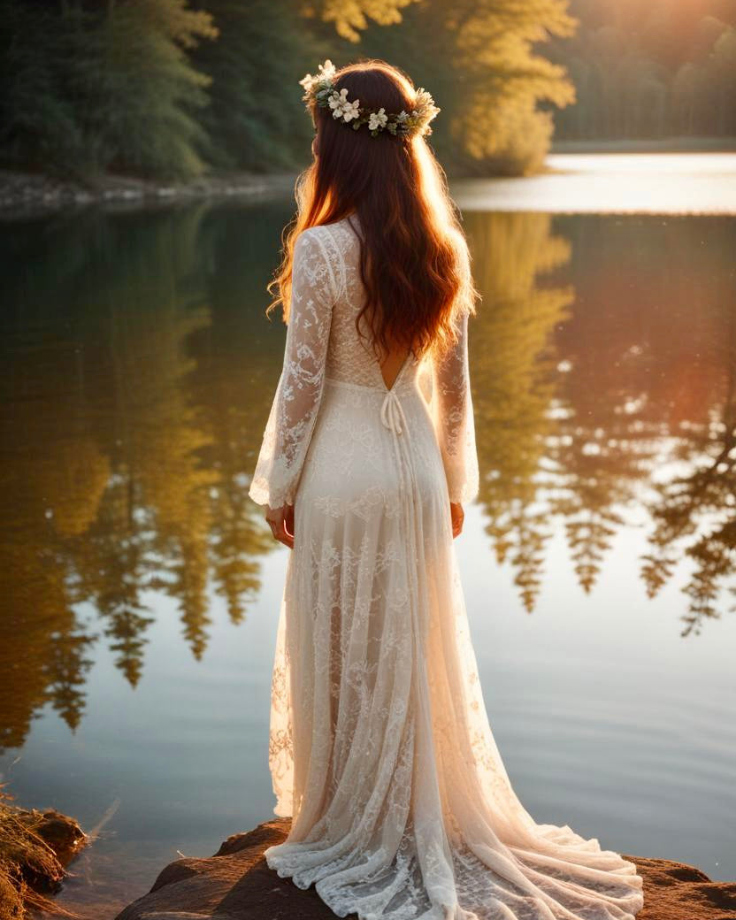 Boho wedding dress by Atelier Calliste featuring flowing fabric, lace details, and a romantic, bohemian style for outdoor ceremonies.