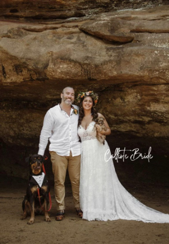 Boho wedding dress by Atelier Calliste featuring flowing fabric and elegant design for special occasions.