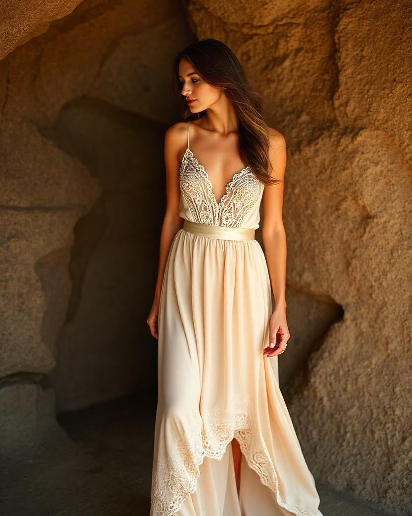 Bohemian Lover boho wedding dress by Atelier Calliste featuring lace details and flowing fabric for a romantic bridal look.