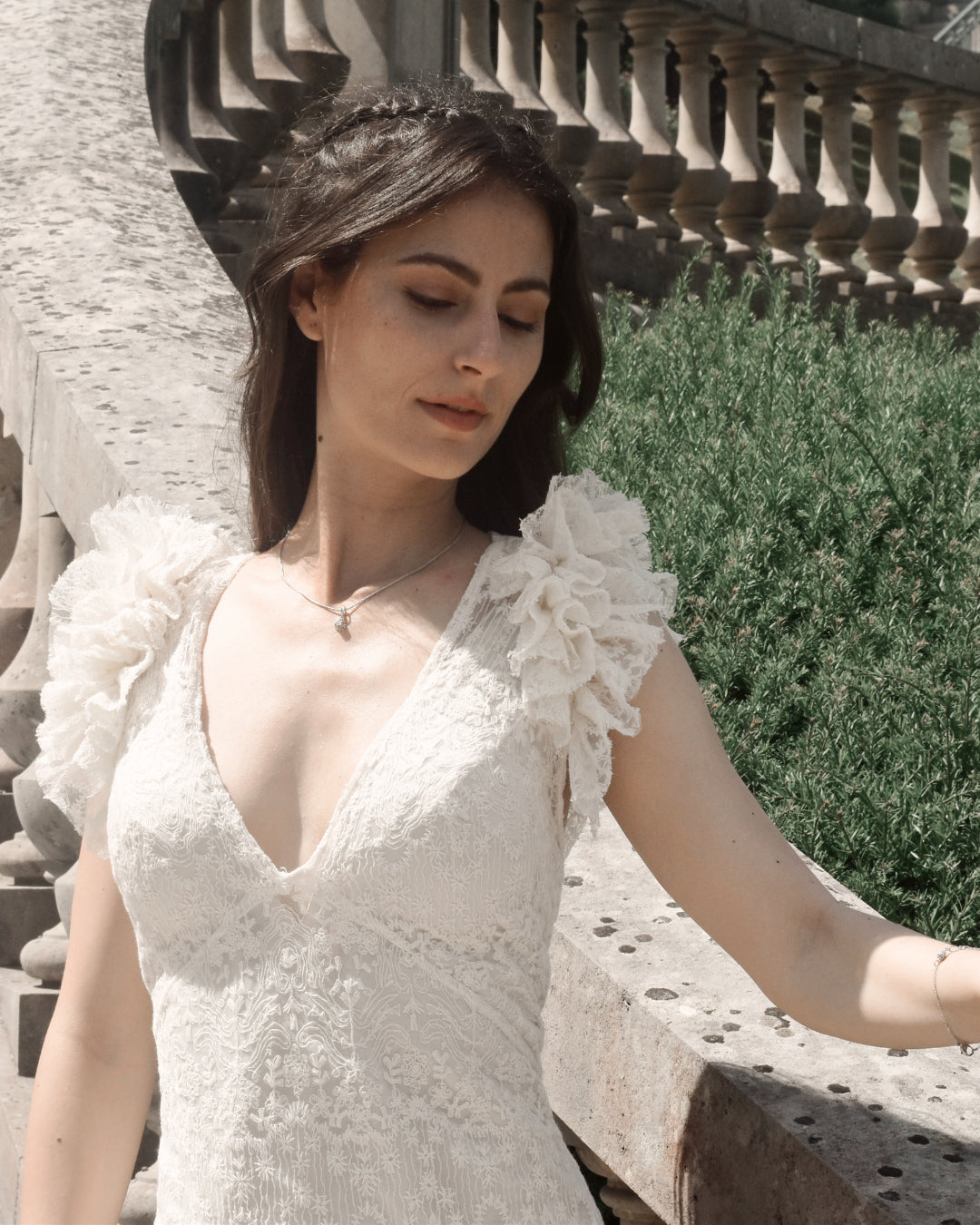 SWAN Ofelia lace boho wedding dress by Petra Kara Bridal featuring intricate lace details and a flowing bohemian silhouette