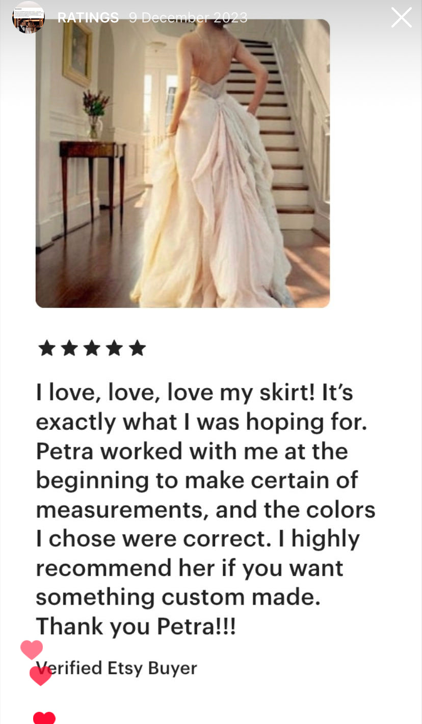 Whimsical boho romantic wedding skirt by Petra Kara Bridal in size S to XXXXL, featuring flowing fabric and delicate details.