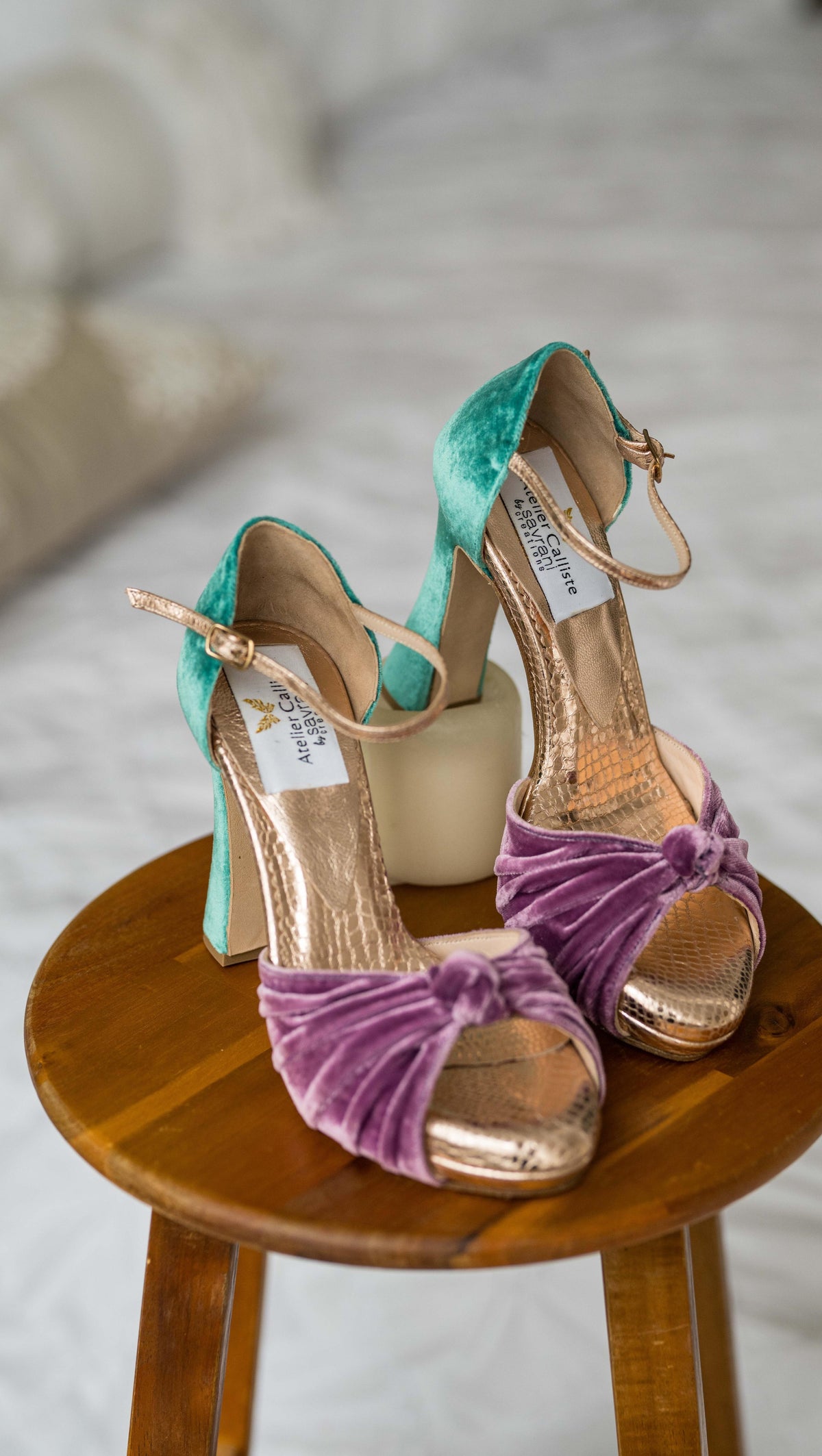 Custom Bohemian Passion Shoes by Atelier Calliste featuring vibrant, patterned fabric and unique handcrafted details.