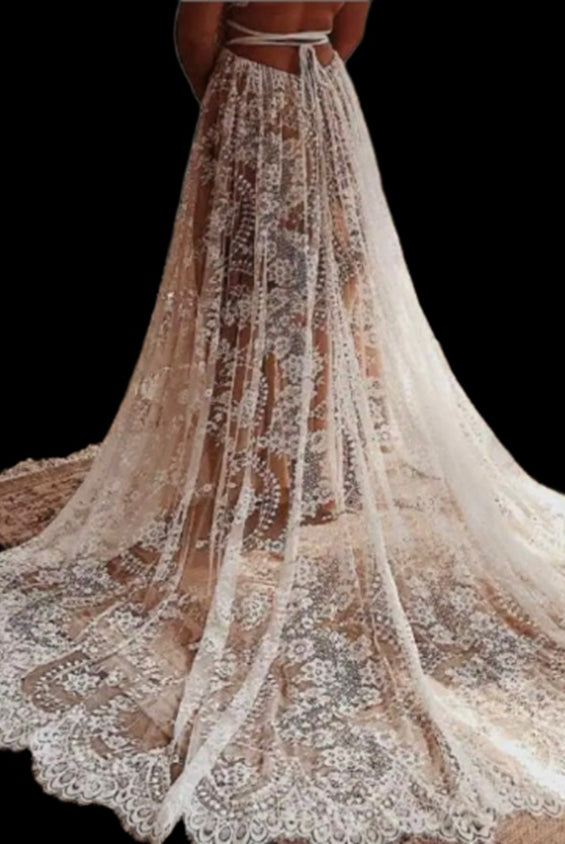 Celine boho wedding dress by Atelier Calliste featuring flowing fabric, intricate lace details, and a relaxed, elegant fit.