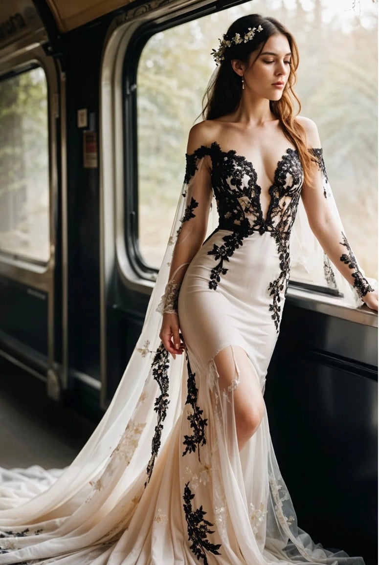 Ethereal Mystique Nymph wedding dress by Atelier Calliste shown on a hanger during dress consultation. Elegant, flowing bridal gown.