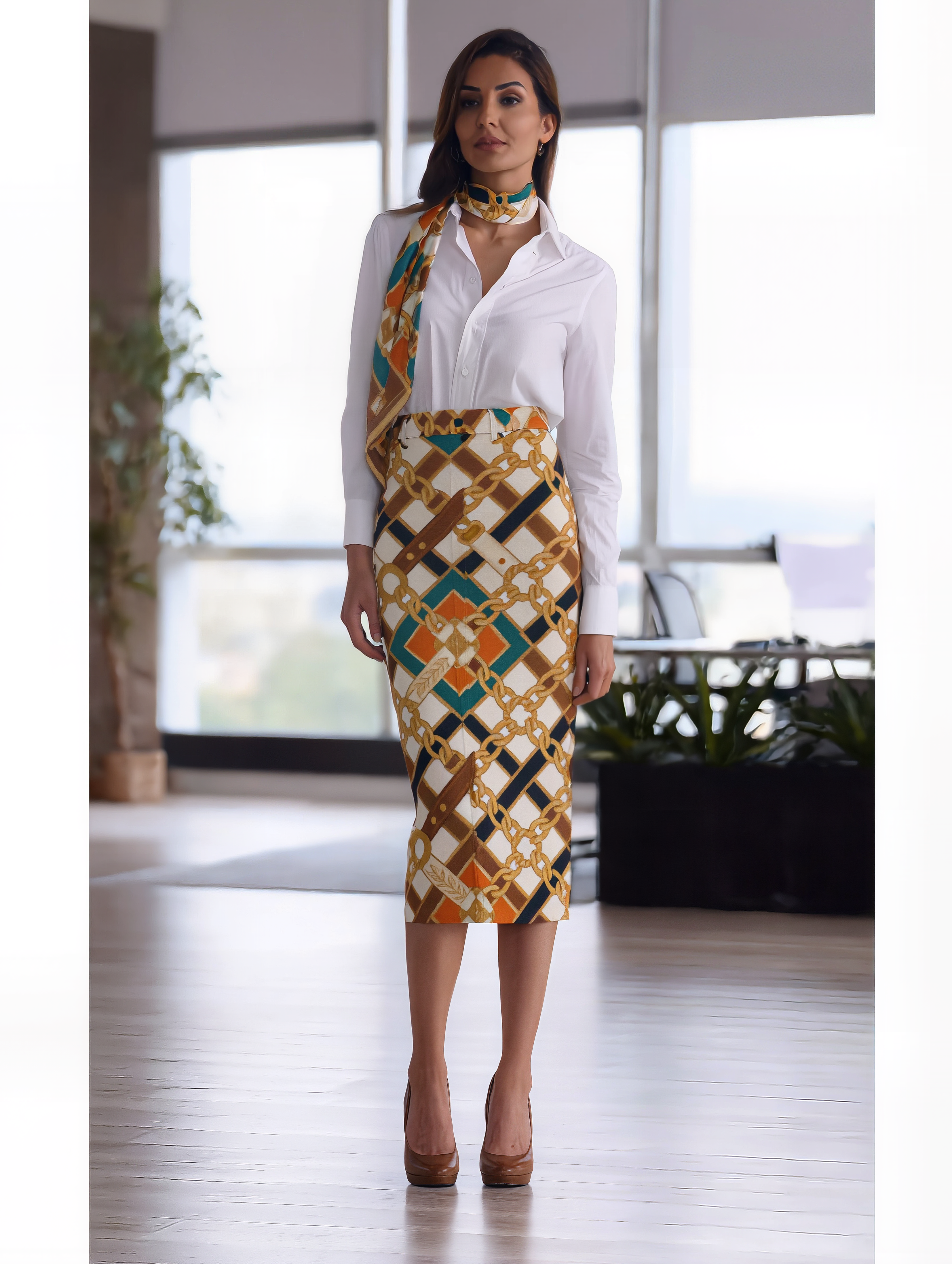 Petra Kara Limited Chains Collection lux denim skirt in brown, featuring chain details and a stylish, high-quality design.