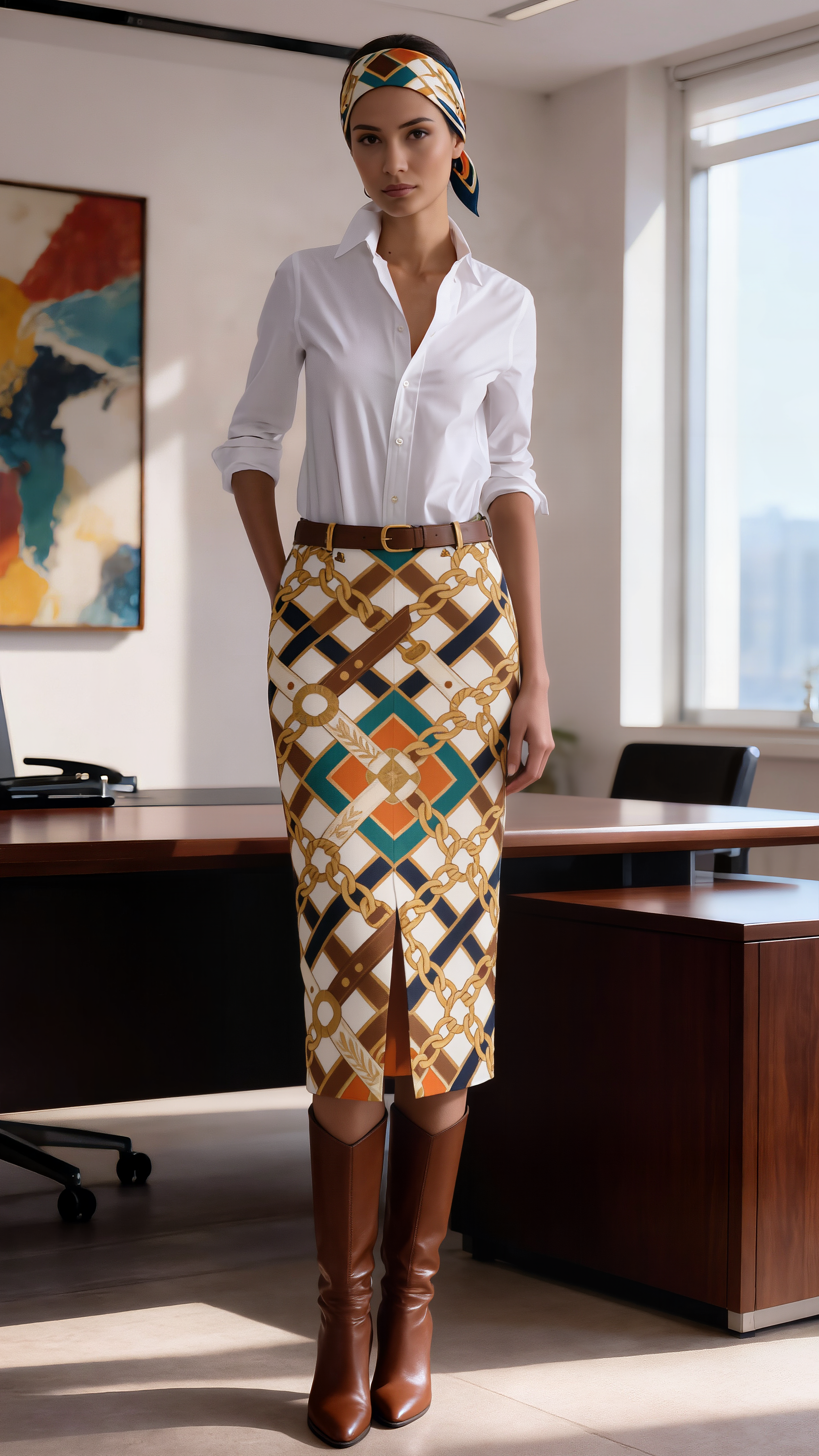 Petra Kara Limited Chains Collection lux denim skirt in brown with chain embellishments, stylish and trendy for casual wear.