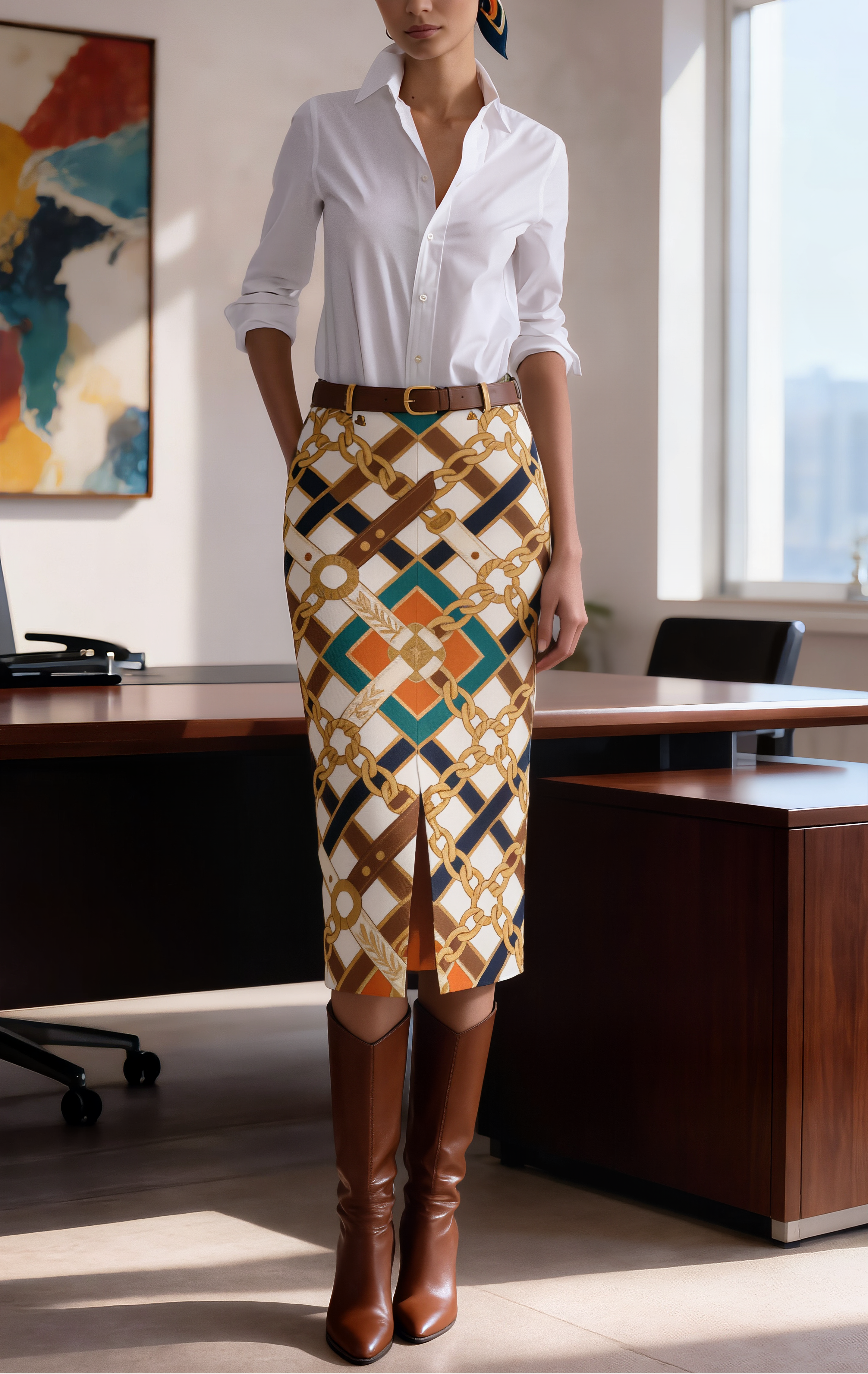 Petra Kara Limited Chains Collection lux denim skirt in brown with chain embellishments, stylish and trendy for casual wear.