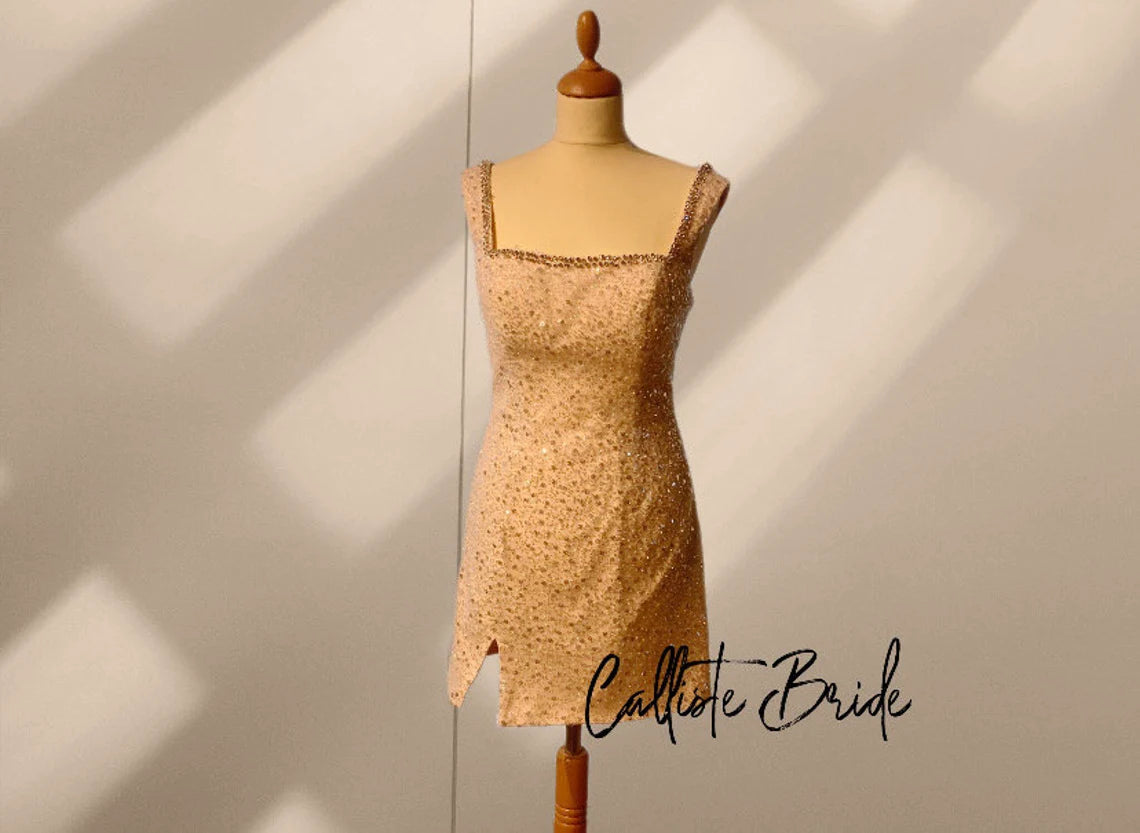 Pink Rose beaded dress by Atelier Calliste featuring intricate beadwork and a flowing fabric design.