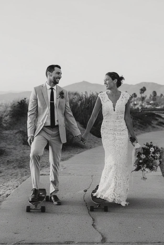 Elegant DIANIRA wedding dress by Atelier Calliste featuring intricate lace details and a flowing train on a bridal model.