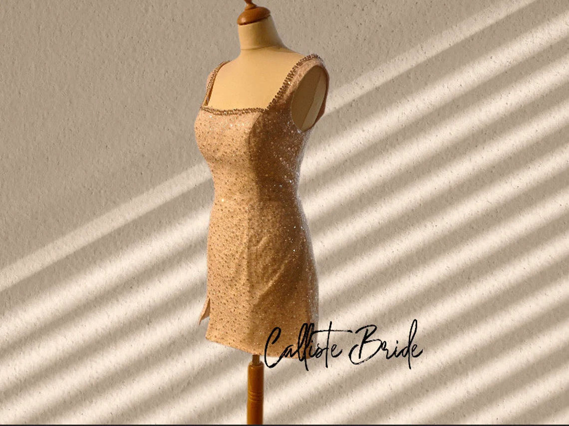 Pink Rose beaded dress by Atelier Calliste featuring intricate beadwork and a flowing silhouette, shown on a model.