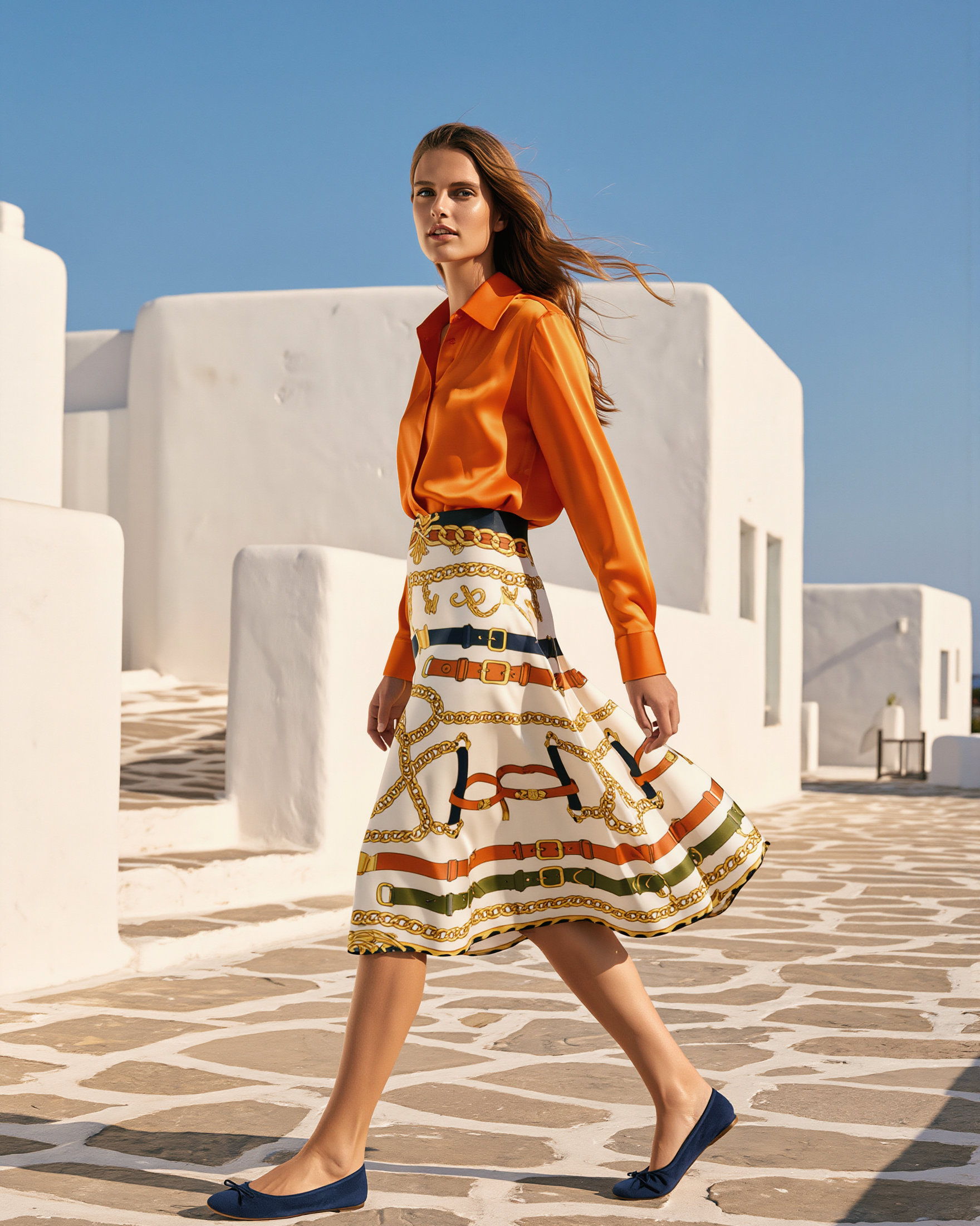 Petra Kara Limited Horse Collection flare silk skirt with horse print, flowing design, and vibrant colors perfect for stylish outfits.