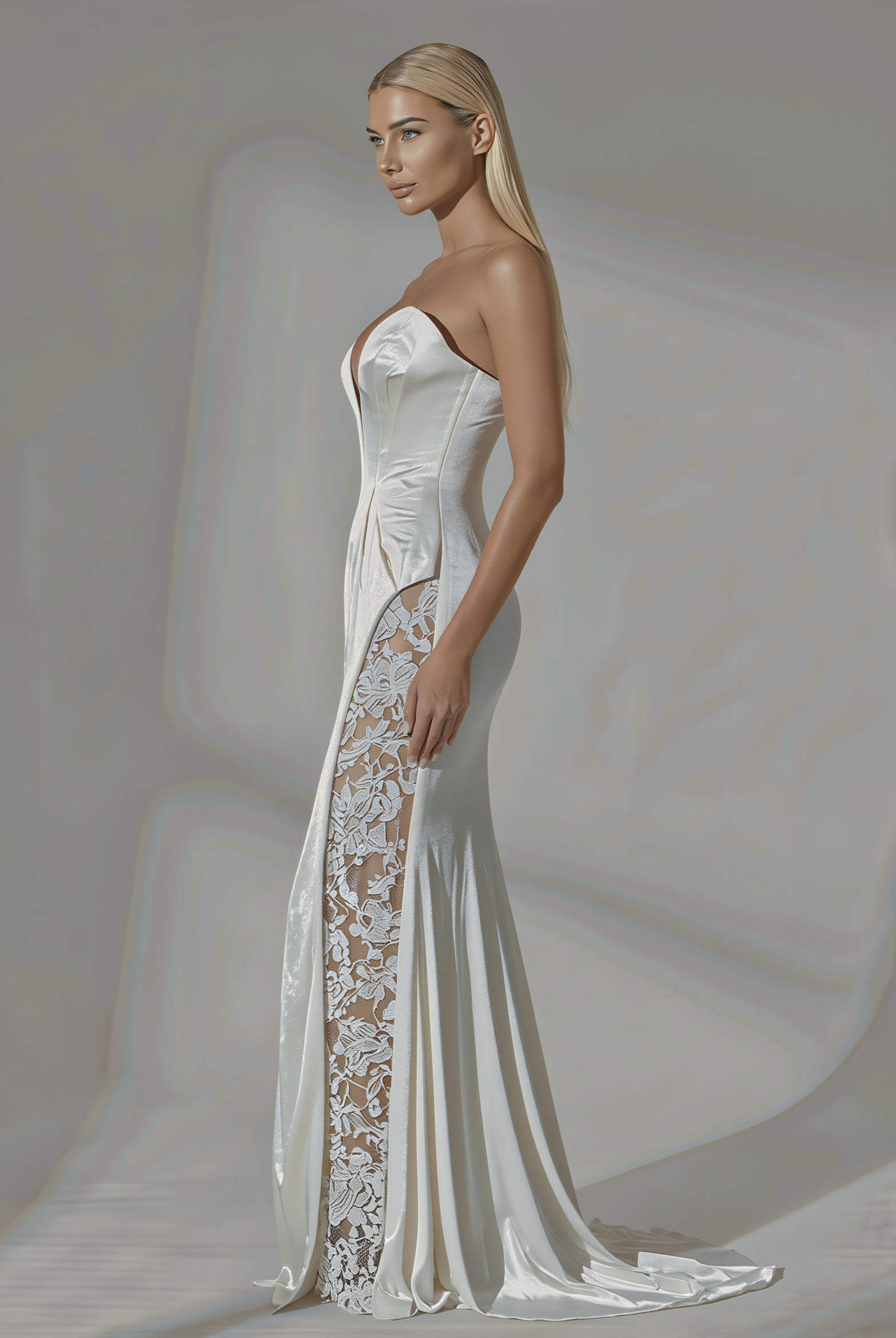 Petra Kara Aelia lace gown featuring intricate floral lace details and a flowing silhouette for elegant occasions.