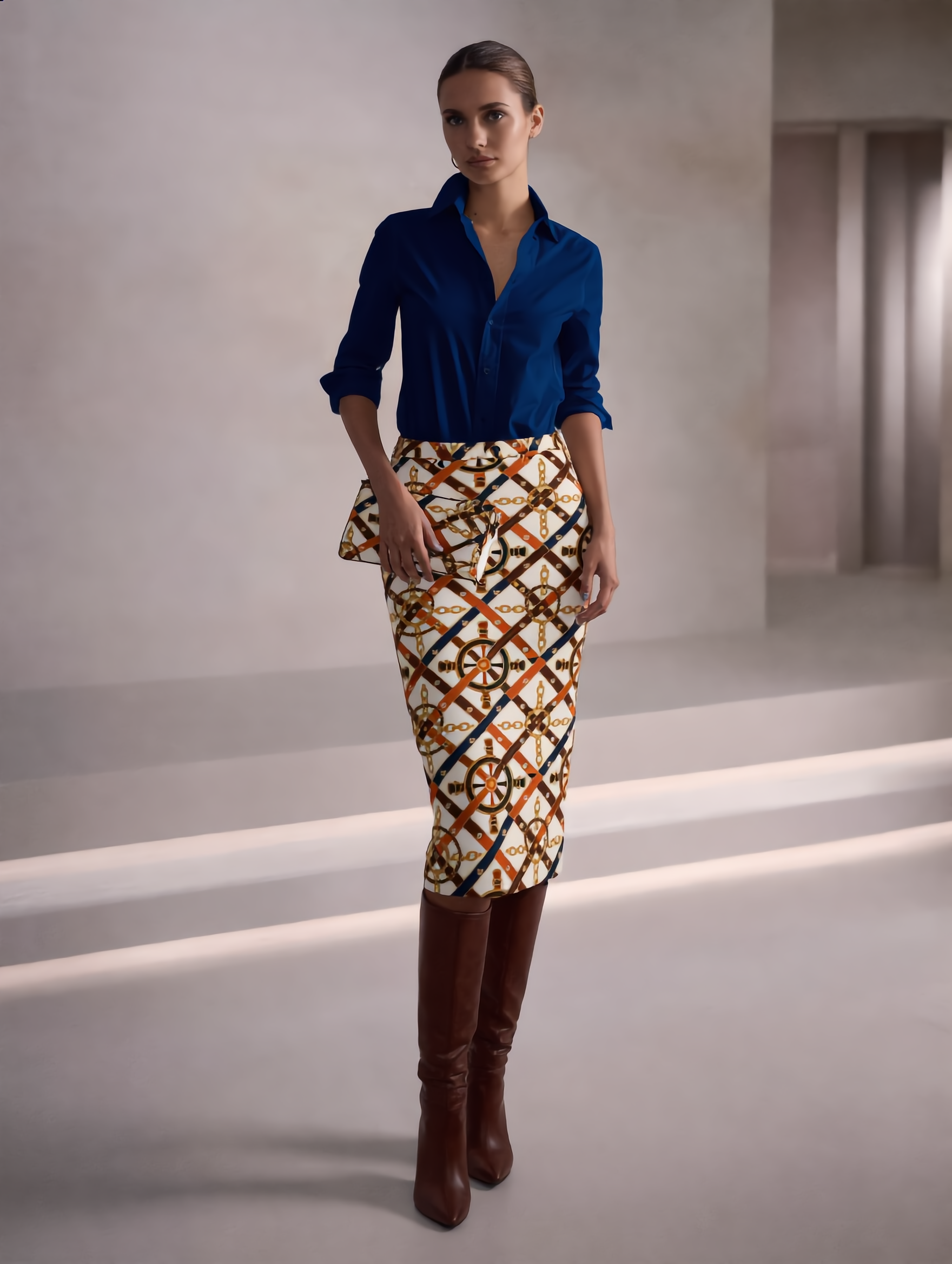 Navy Petra Kara Limited Lux Denim Skirt from the Navy Collection, featuring a stylish, fitted design with a front button closure.
