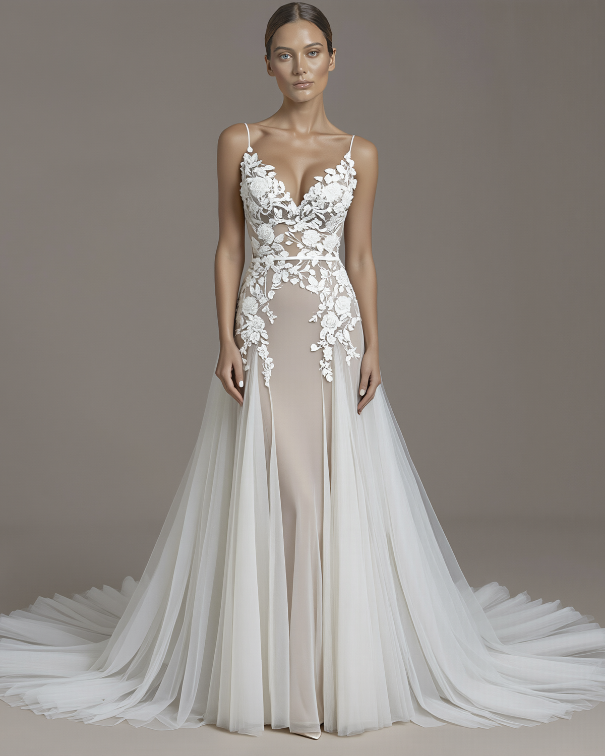 Elegant Lake Nymph Fantasy wedding dress by Petra Kara Bridal with flowing fabric and intricate detailing, perfect for a fairy-tale bride.