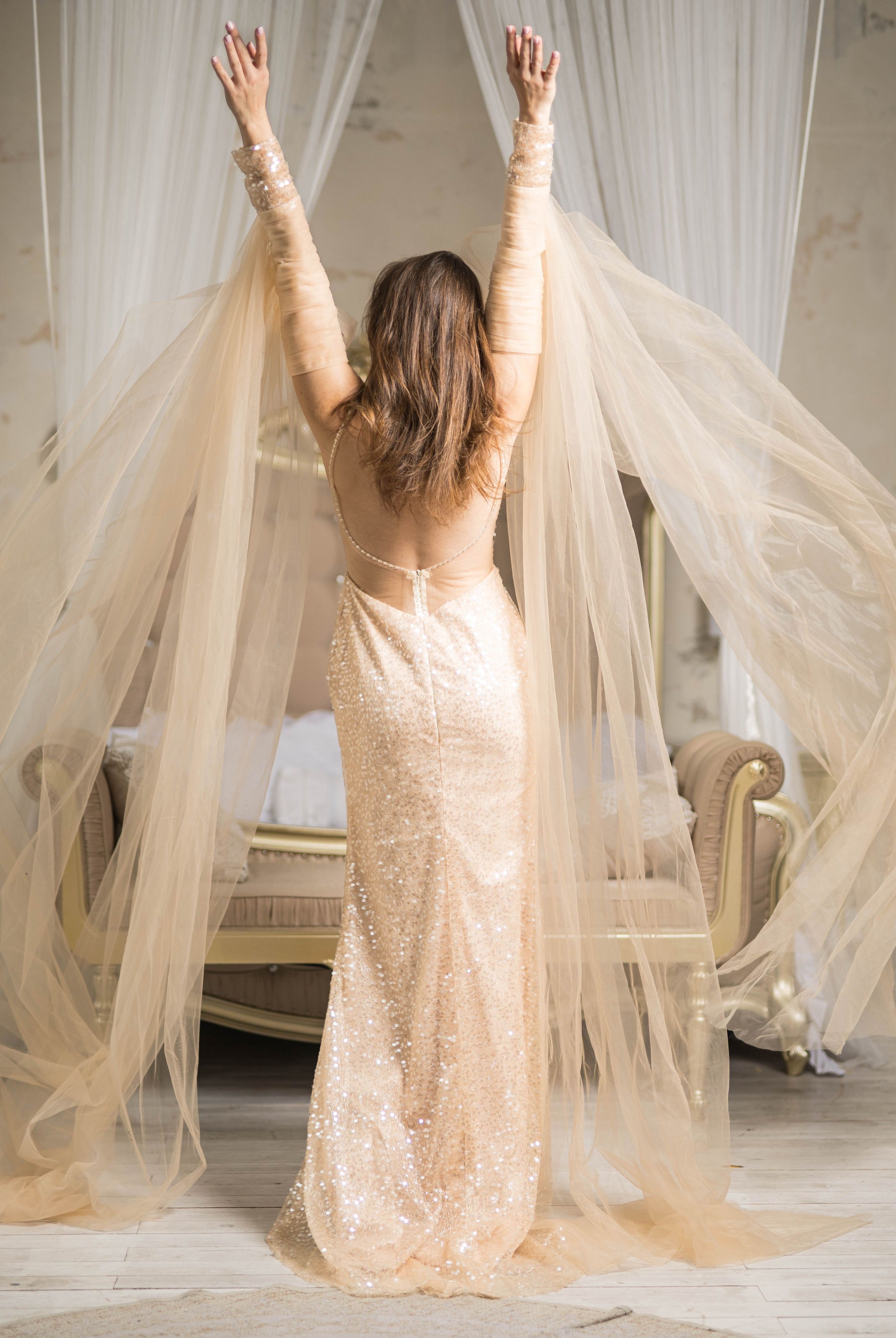 Size 6 Romance Luxury Dress with Detachable Sleeve Gloves - Atelier Calliste