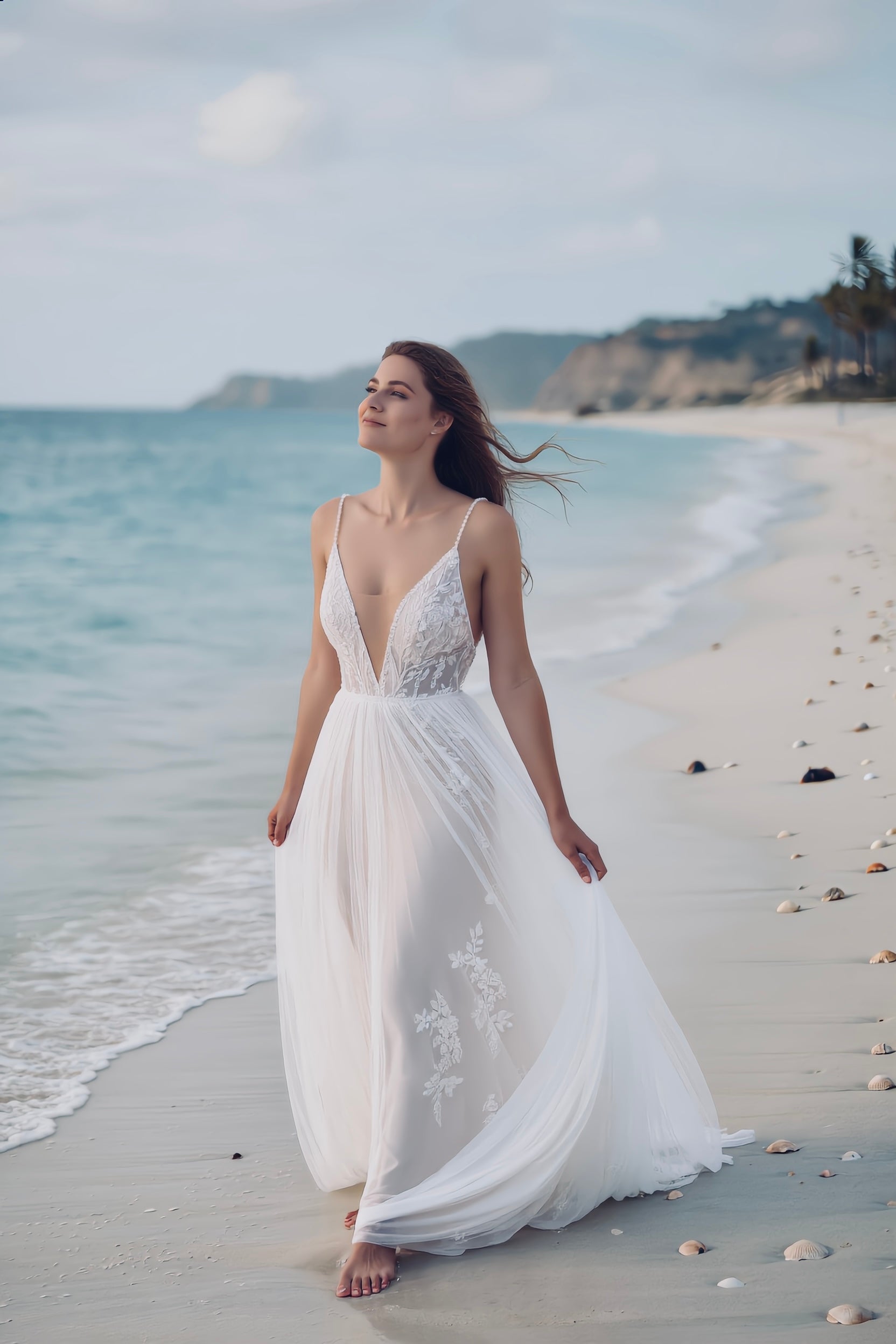 Ethereal Boho beach dress by Petra Kara Bridal featuring flowing fabric and bohemian style for seaside or casual wear.