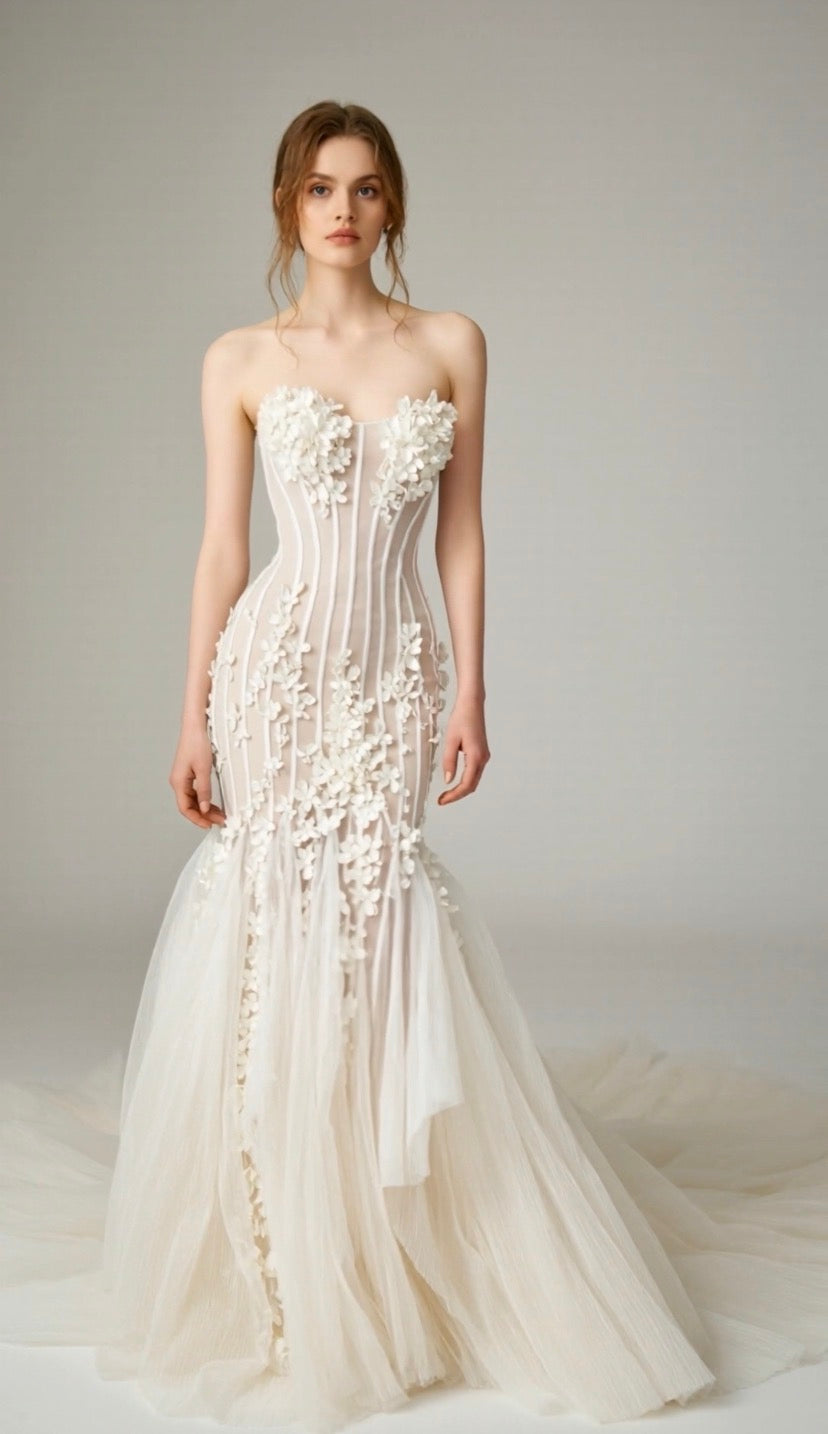 Digital image showing PETRA KARA's free virtual dress consultation service, featuring a laptop and fashion styling visuals.