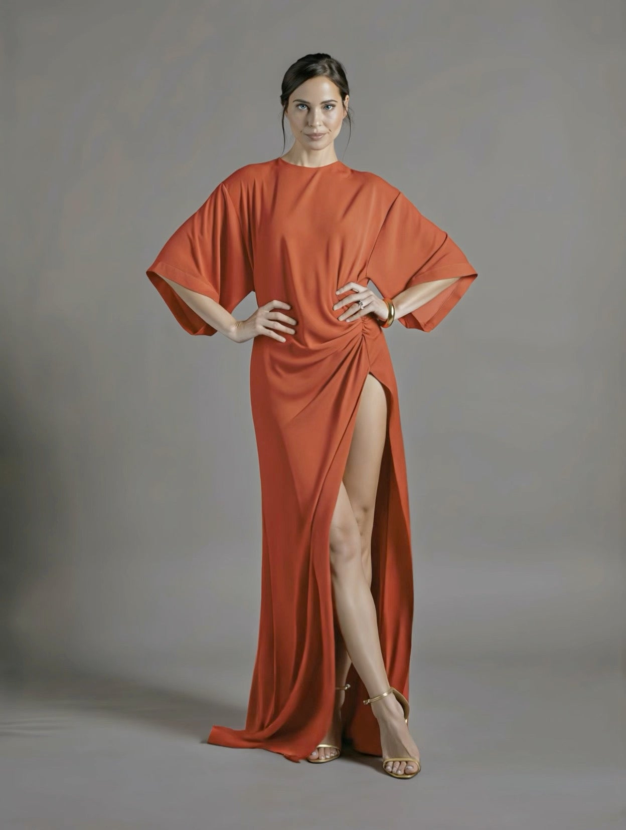 PETRA KARA Minimal Ekati Draped Dress in soft fabric, showcasing elegant draping and a sleek silhouette.