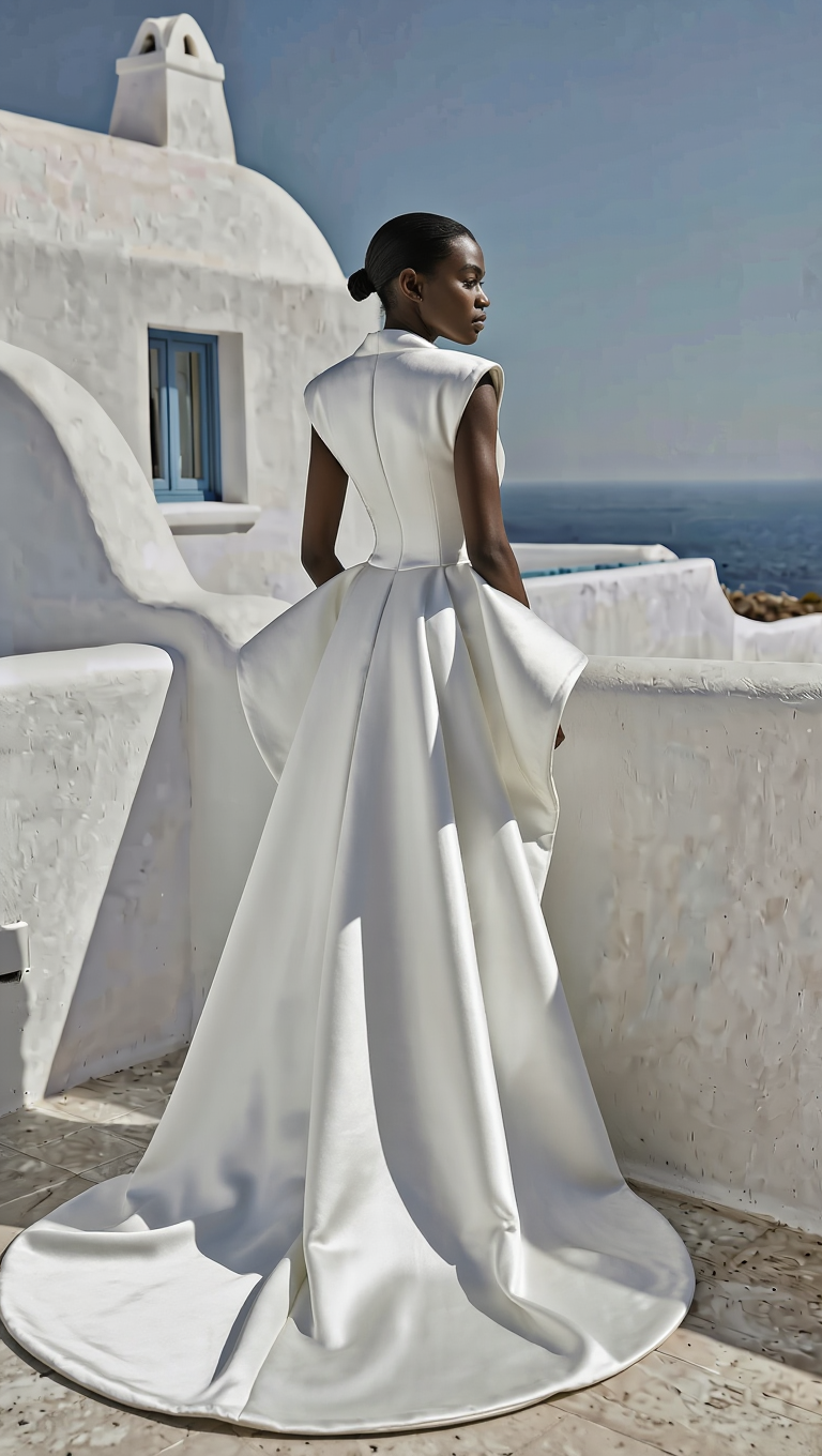 Petra Kara Solar Architectural Dress showing intricate design and flowing fabric, ideal for stylish, sun-protective outdoor wear.