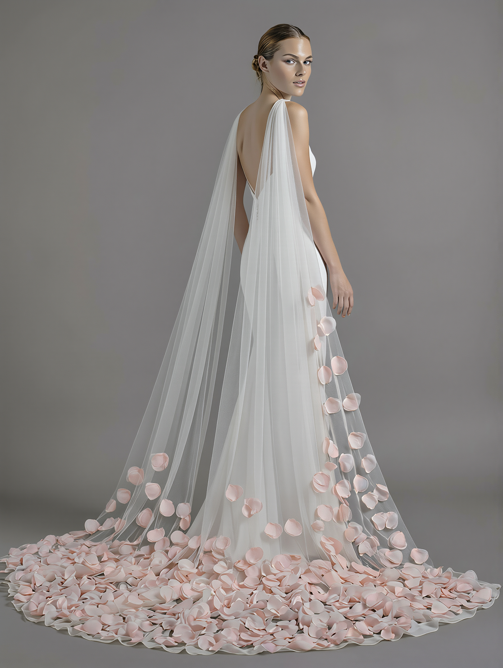 Atelier Calliste 3D Flowers veil with low petals, delicate floral design, transparent tulle fabric, perfect for bridal or special occasions.