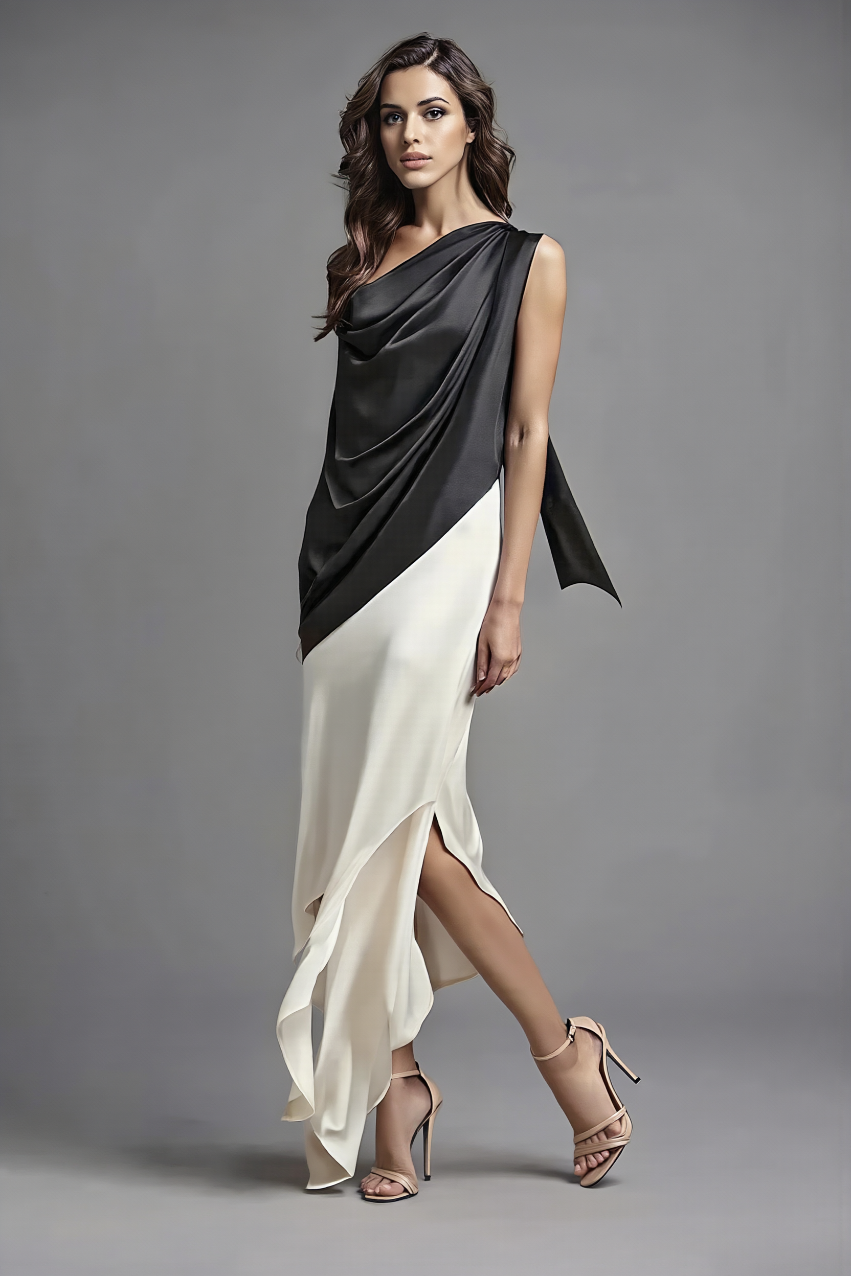 Demi black and ivory cocktail midi dress by PETRA KARA BRIDAL, featuring a fitted silhouette and elegant detailing.