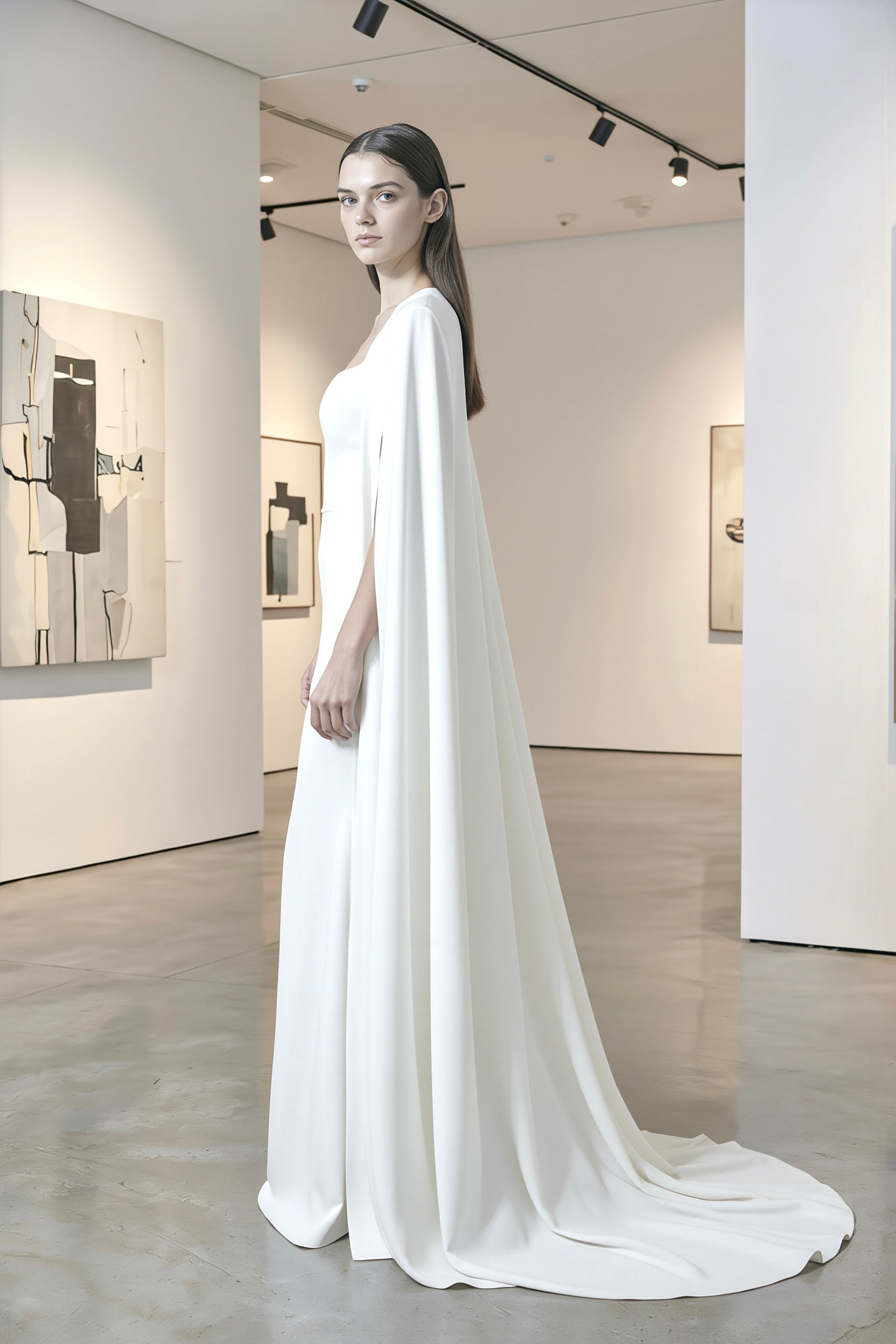 Minimalist black cape from Atelier Calliste in size S to XXXL, showcasing smooth fabric and elegant drape.