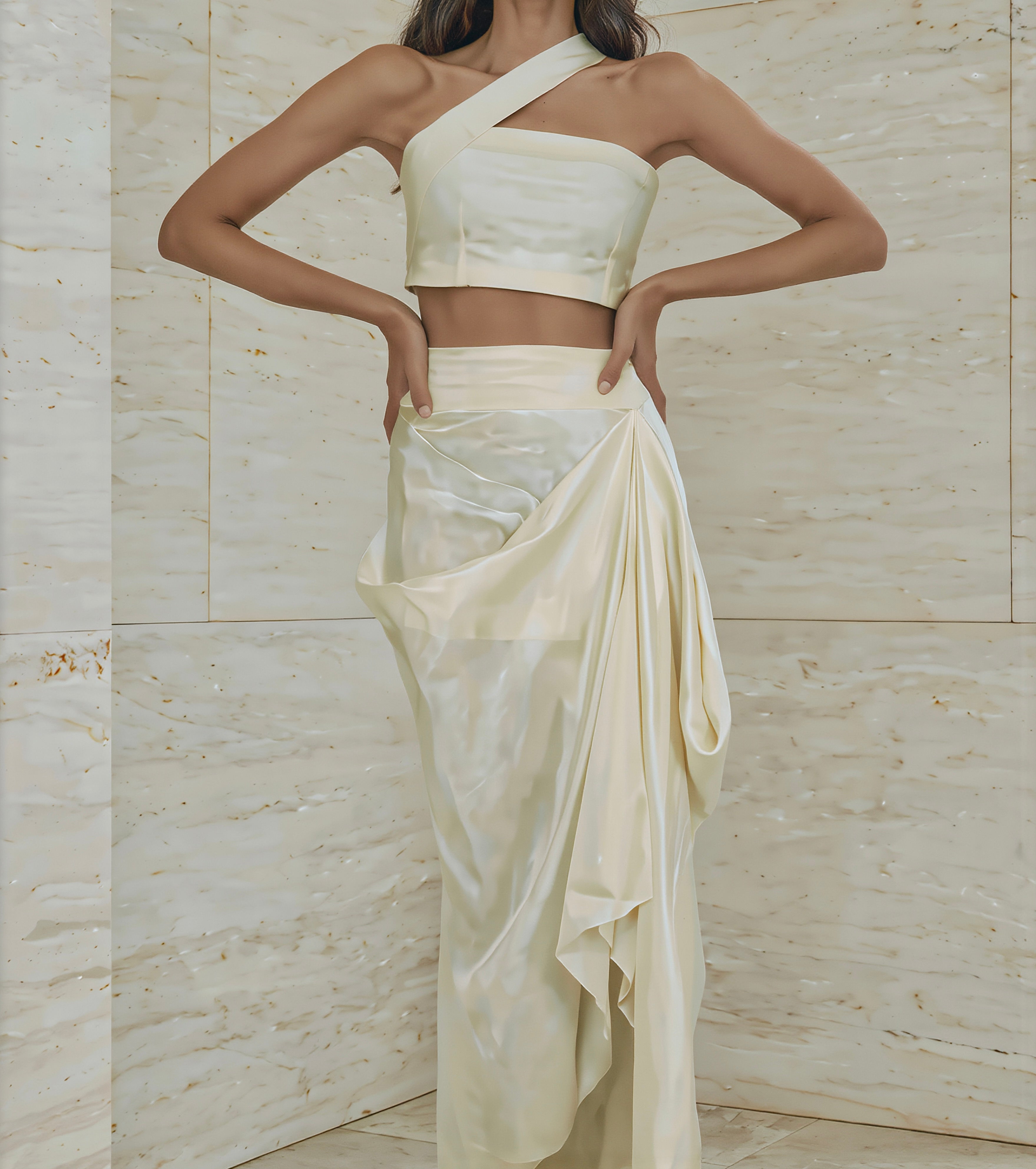 Ieria asymmetrical dress by Atelier Calliste featuring a stylish, modern silhouette and unique uneven hemline.