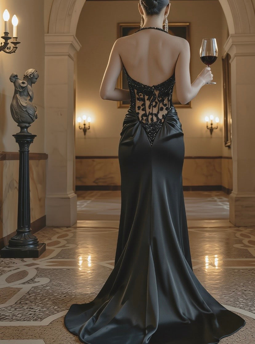 Petra Kara Allure evening dress in elegant black fabric, featuring a fitted silhouette and stylish neckline.