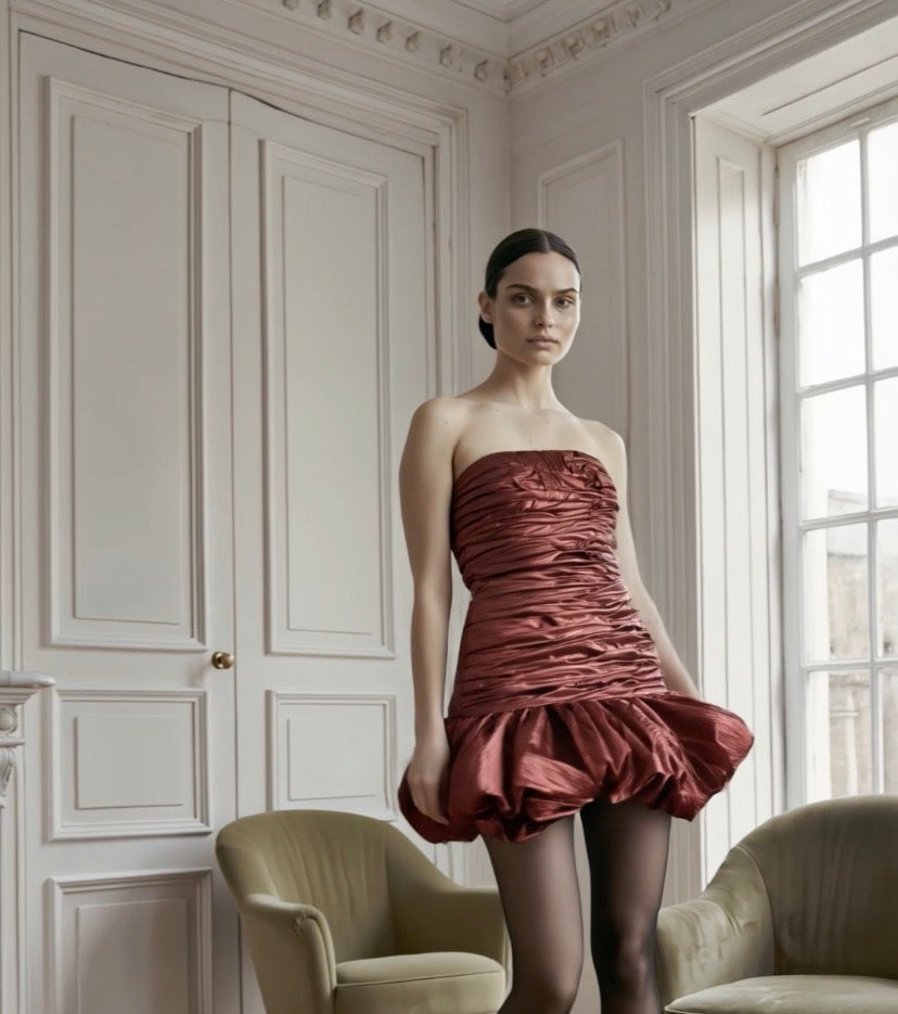 PETRA KARA BRIDAL PARISIENNE sculptural silk mini dress with structured silhouette