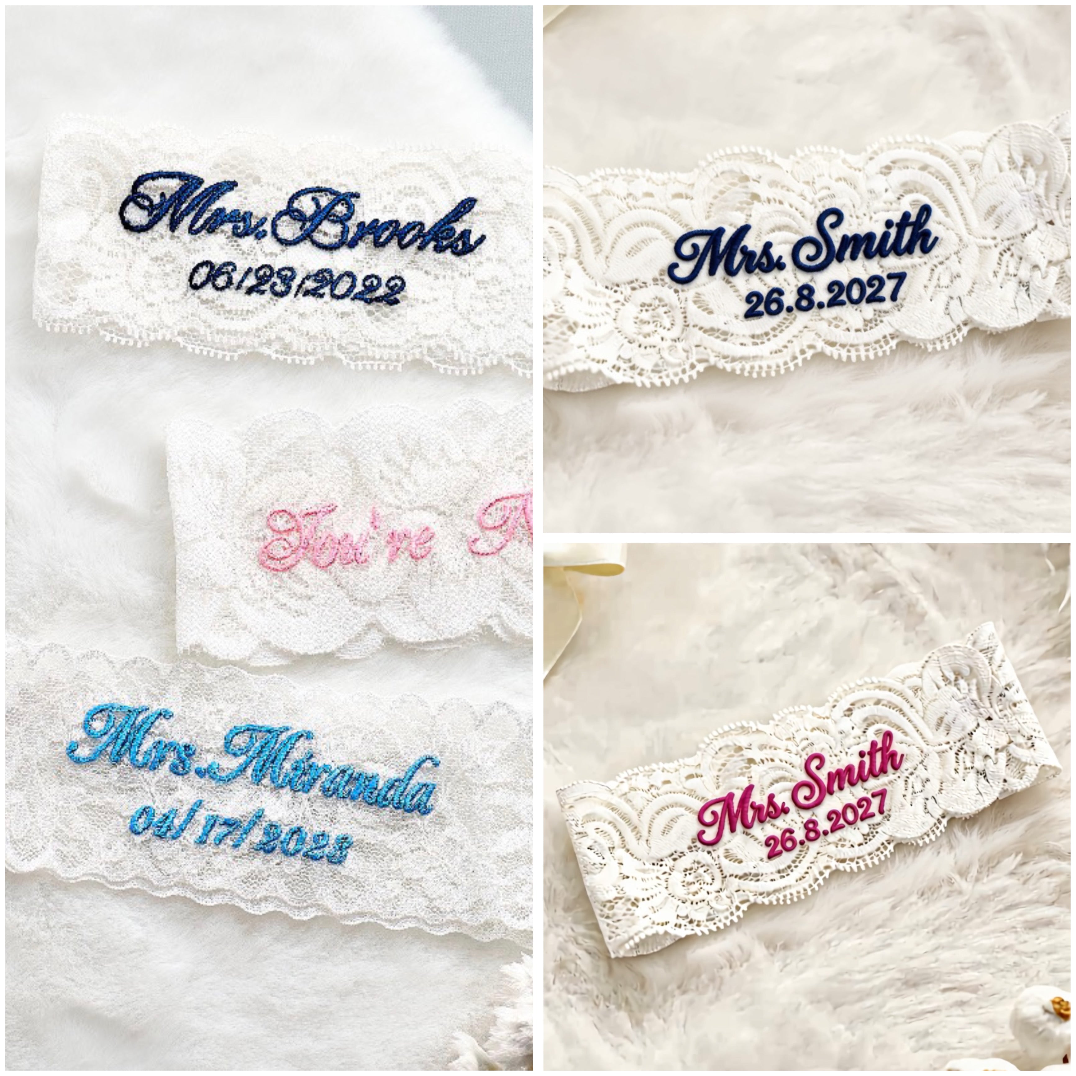 Personalized bridal garter with intricate lace and satin ribbon from PETRA KARA BRIDAL, designed for wedding day accessories.