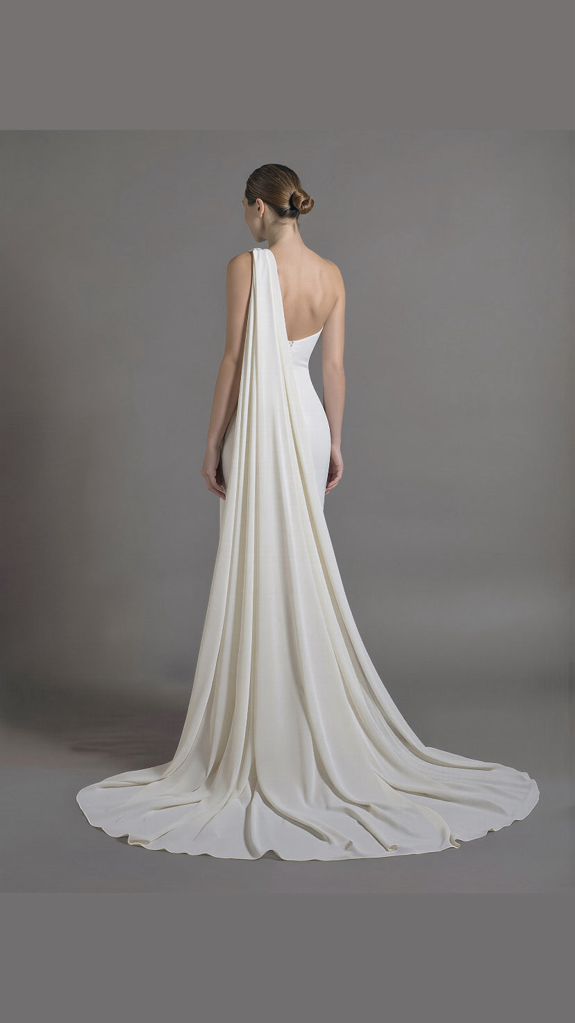Petra Kara Bridal one-arm chiffon cape in size S-XXXL, flowing elegant design with delicate fabric and stylish drape.