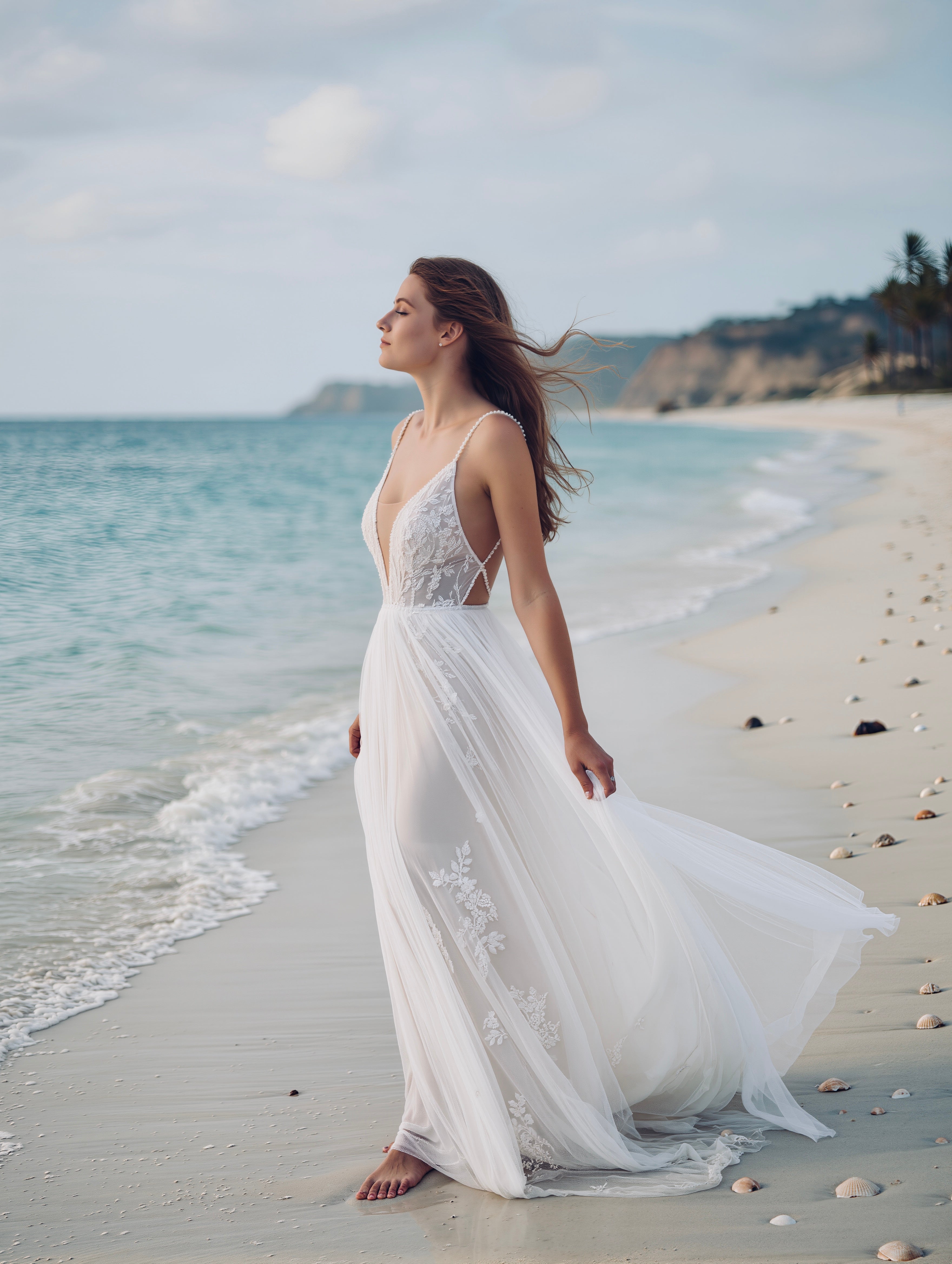 Ethereal Boho beach dress by Petra Kara Bridal featuring flowing fabric and bohemian style for summer beachwear.