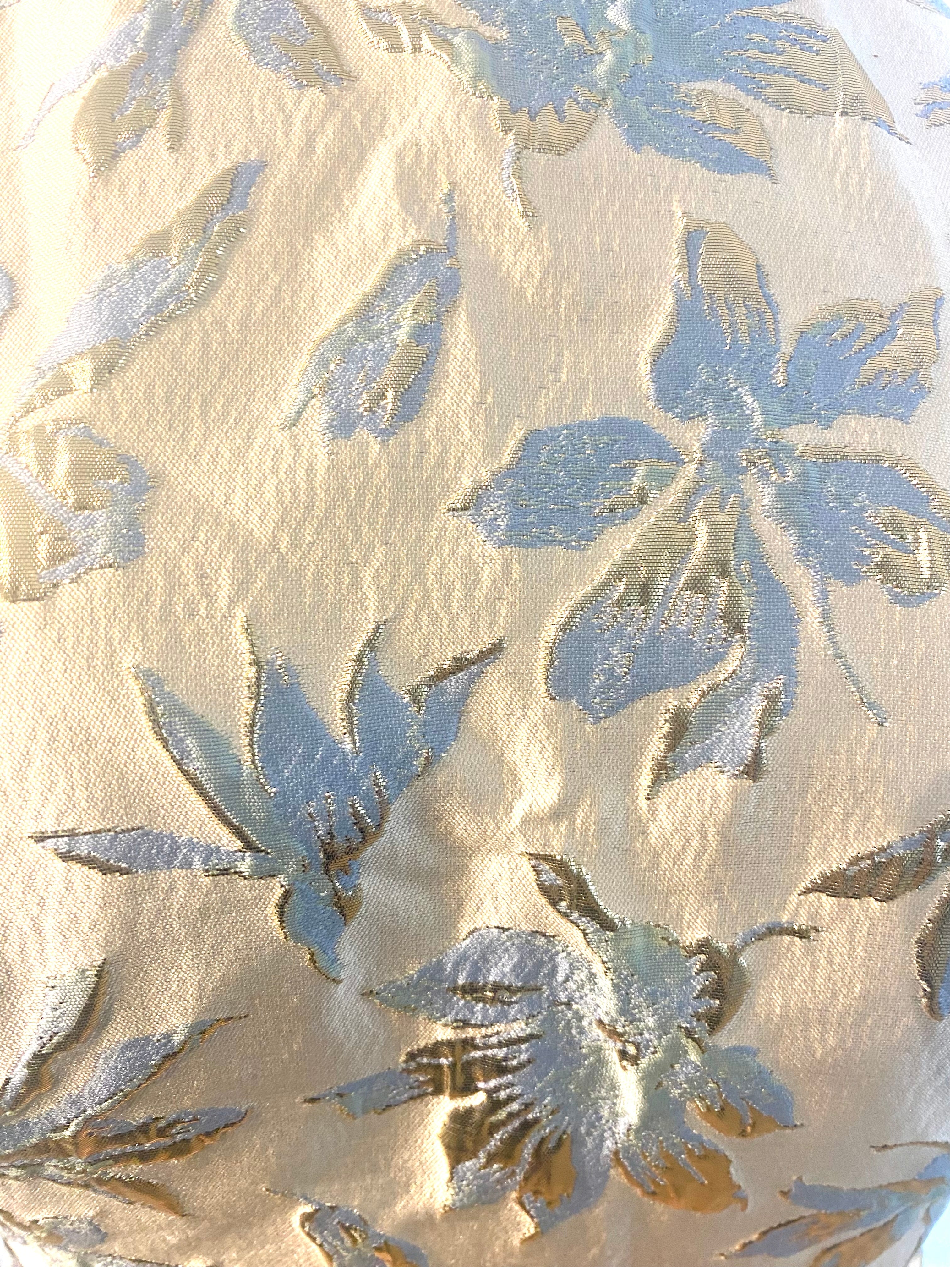 Petra Kara gold and blue floral midi dress with a fitted waist and flowing skirt, perfect for summer or special occasions.