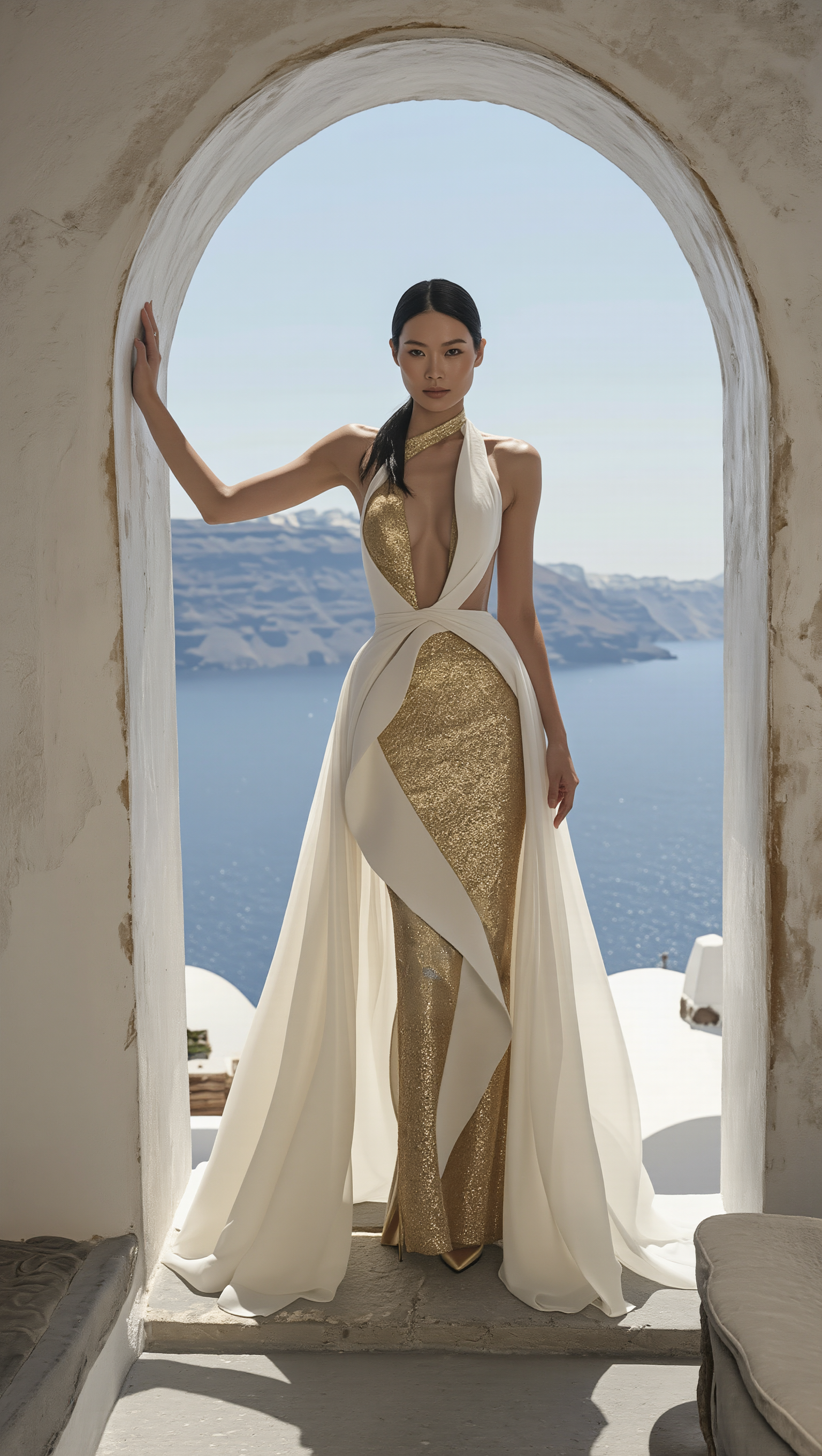 Petra Kara Mythos Dress in vibrant fabric, featuring a flowing design and elegant neckline, shown on a model.