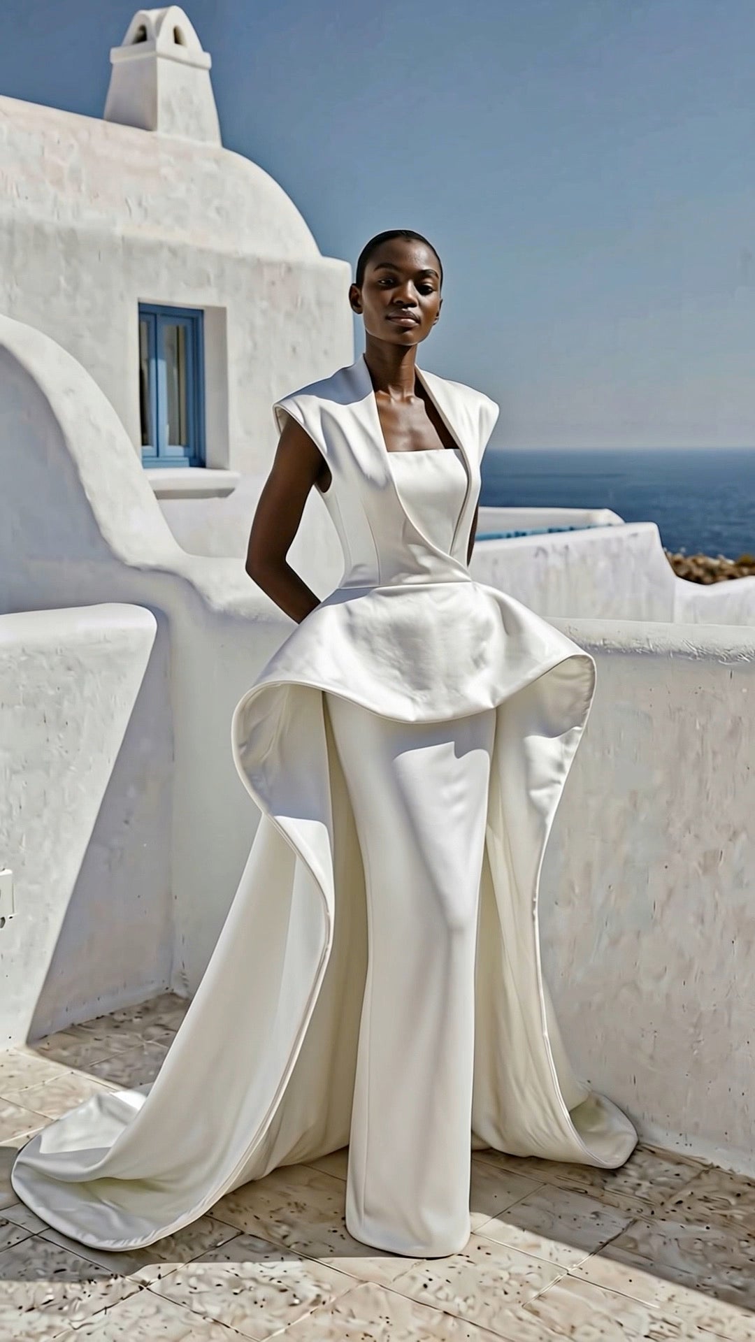 Elegant PETRA KARA solar architectural dress with intricate fabric design and modern silhouette, displayed on a model.