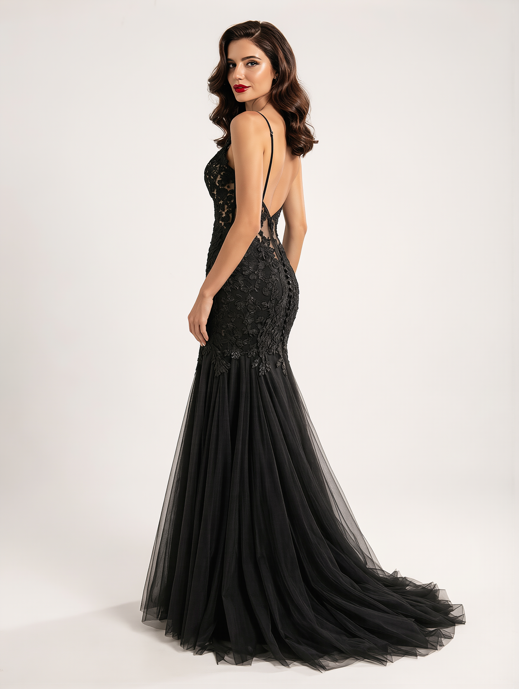Petra Kara Bridal black wedding evening dress with elegant fit and flowing fabric, perfect for formal occasions.