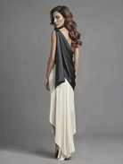 Demi black and ivory midi dress by Petra Kara Bridal, featuring elegant fabric and a fitted silhouette.
