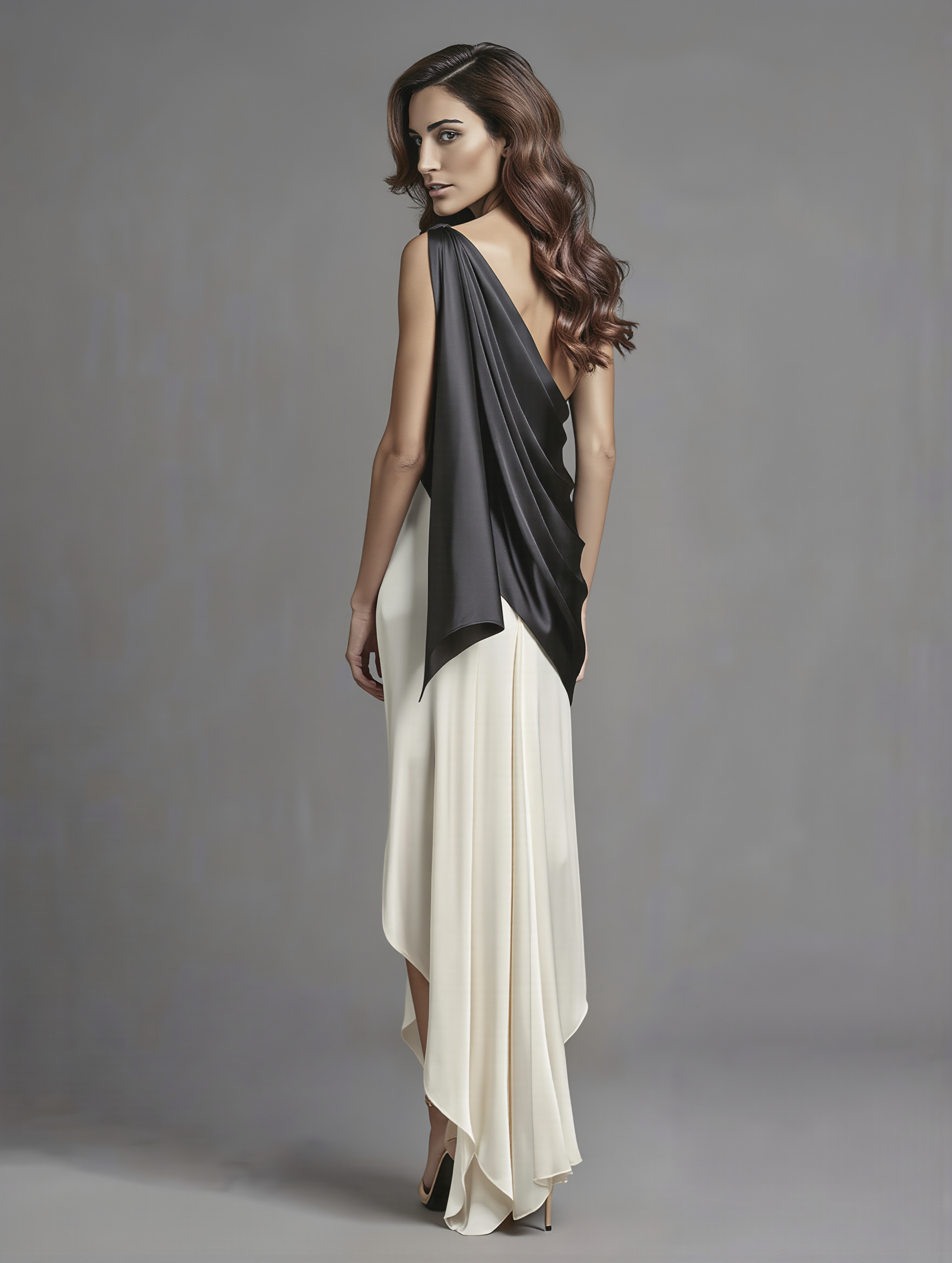 Demi black and ivory midi dress by Petra Kara Bridal, featuring elegant fabric and a fitted silhouette.