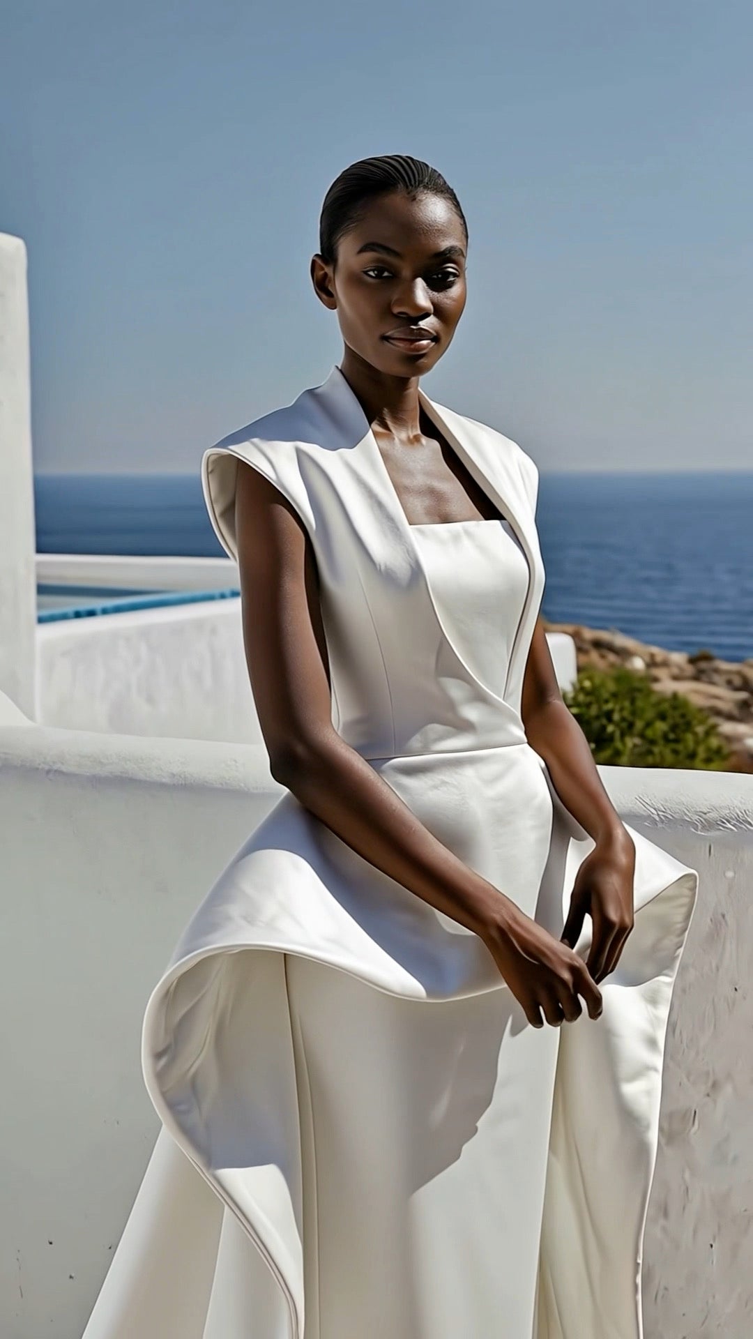 Elegant solar architectural dress by PETRA KARA featuring flowing fabric and modern design, displayed on a model.